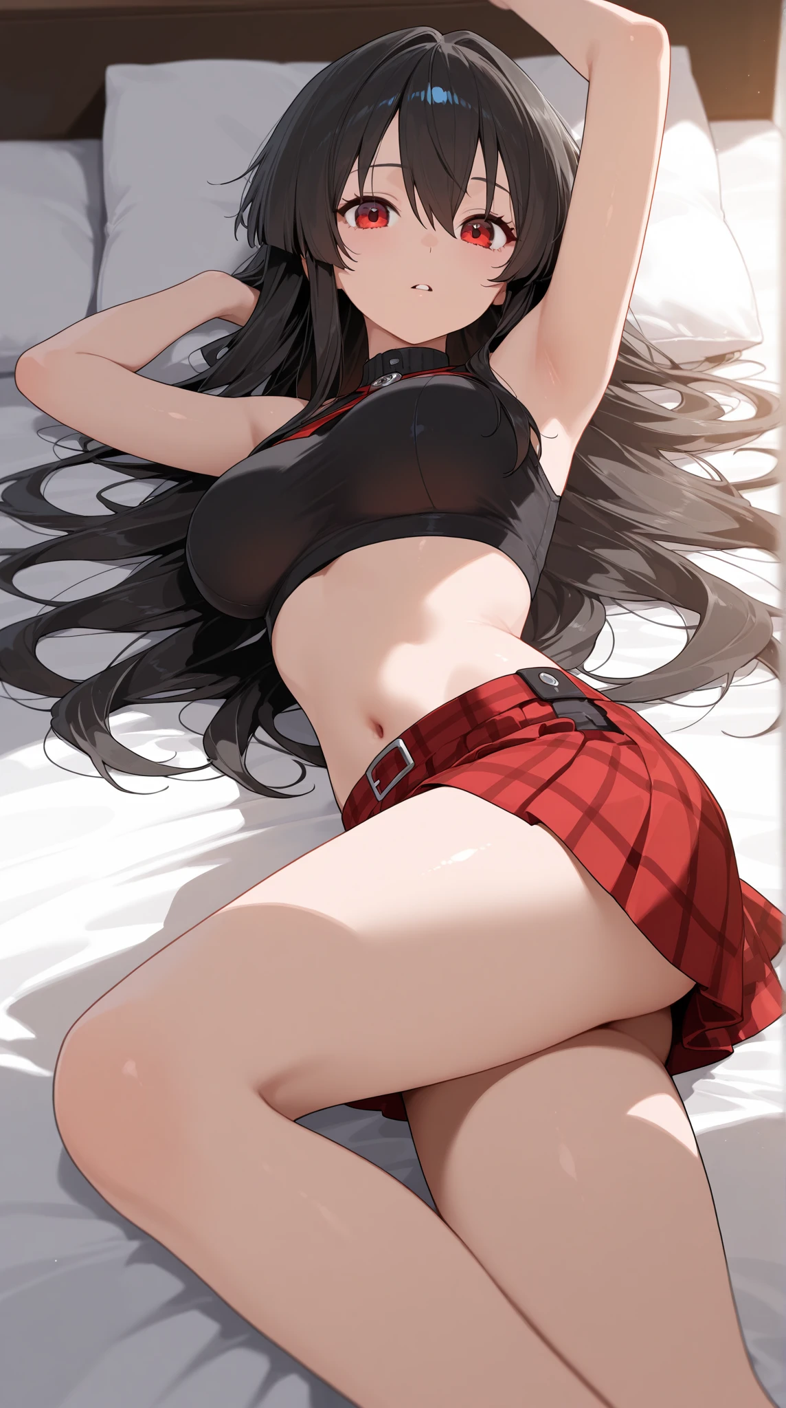 ((best quality)), ((masterpiece)), (detailed), perfect face
Sexy anime girl with a mini skirt with thin butterfly panties laying down with her legs spread apart touching her big with her bra on the bed