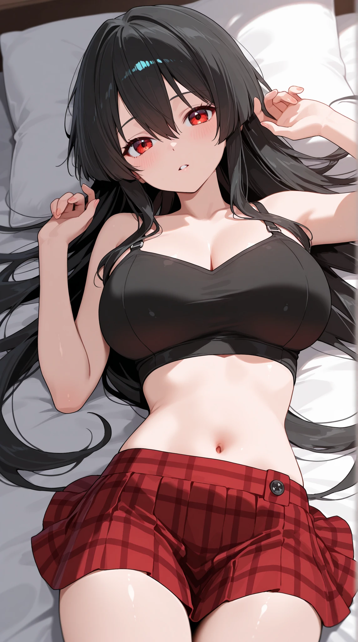A woman with messy black hair, ((Sexy figure))、Drunk,Drunk, Sleeping on the floor, Top view,(((Garment Lift、bra、belly button))),(((Skirt removed、Panties))),Red face, Sweaty body, hot summer, Beer cans Beer cans on the floor