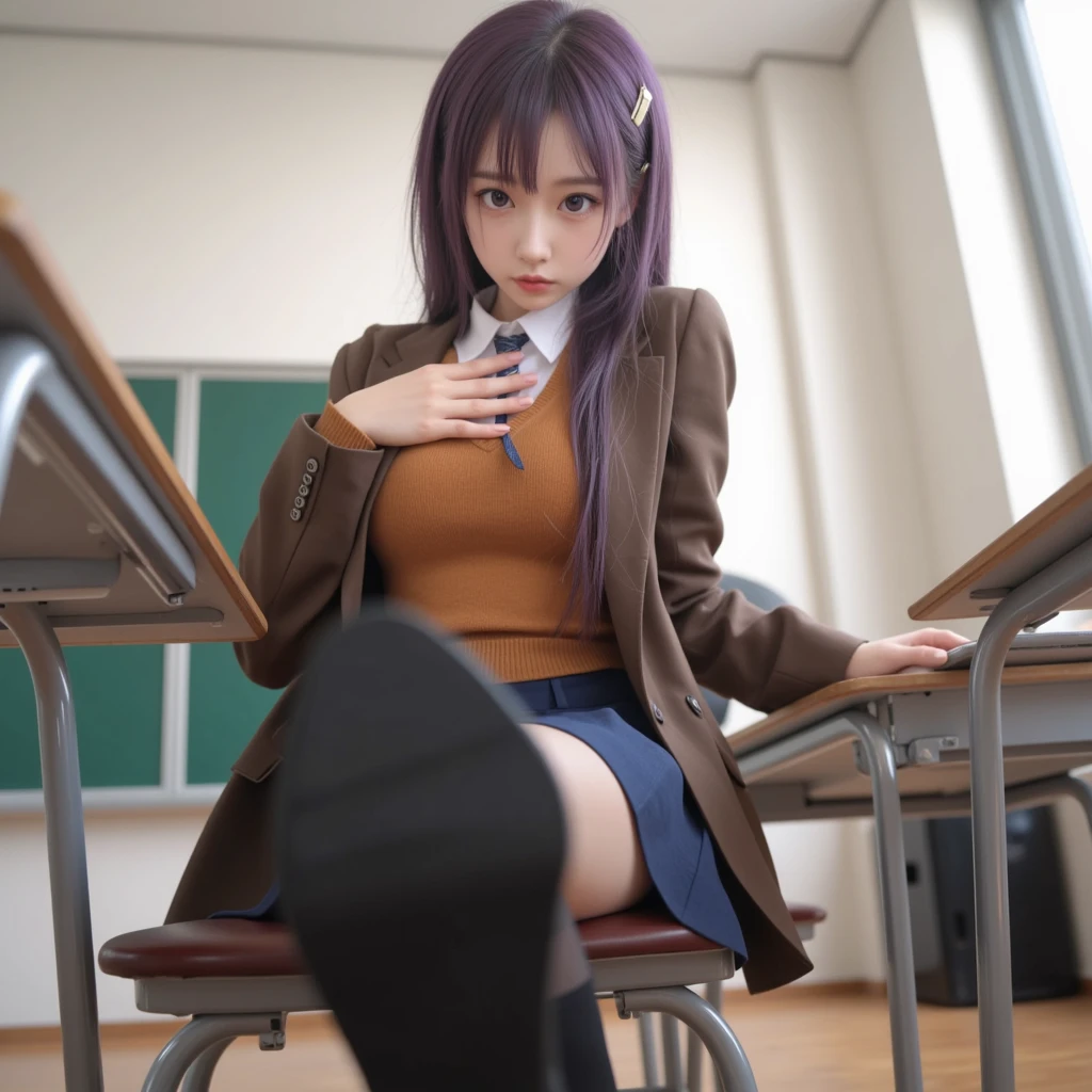 Woman in  squatting and smiling, in classroom, detailed beautiful woman face, evening