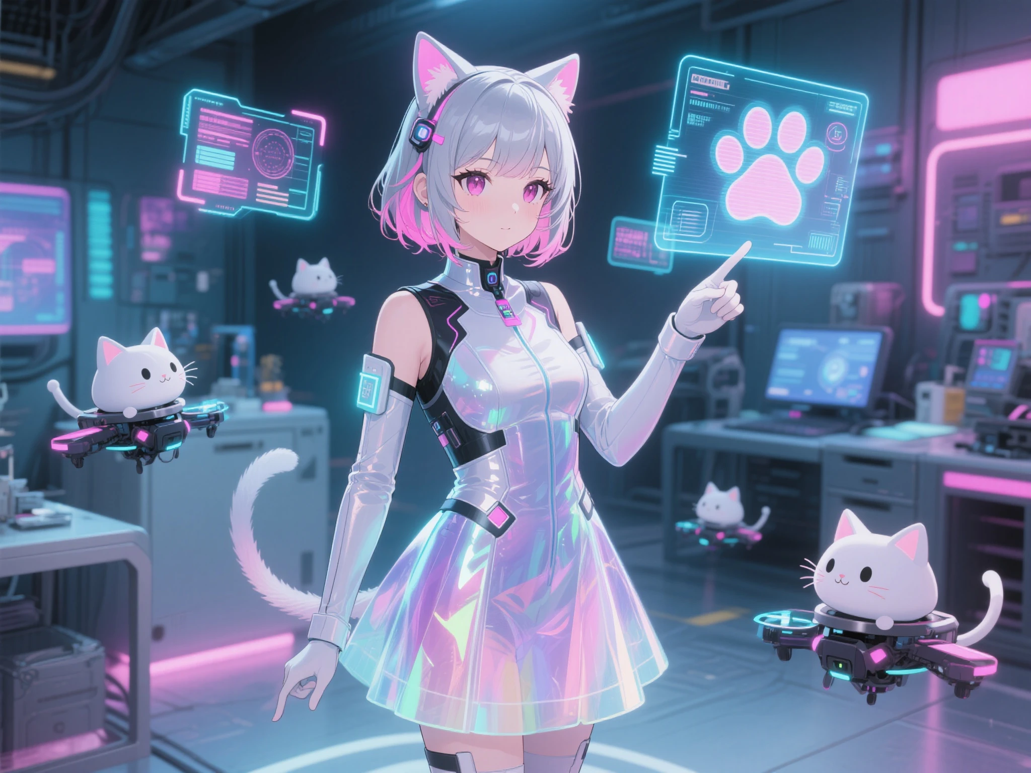 (masterpiece, best quality, ultra detailed), a charming futuristic anime girl with glowing digital cat ears and silver hair with pastel pink highlights, sleek sci-fi suit with translucent holographic skirt, soft glowing hologram UI panels floating around her, surrounded by cute cat-shaped drones, pointing at a floating paw-shaped interface, vibrant neon lights, intelligent and serene expression, cyberpunk laboratory background, soft ambient glow, intricate tech details, colorful soft lighting, anime style
