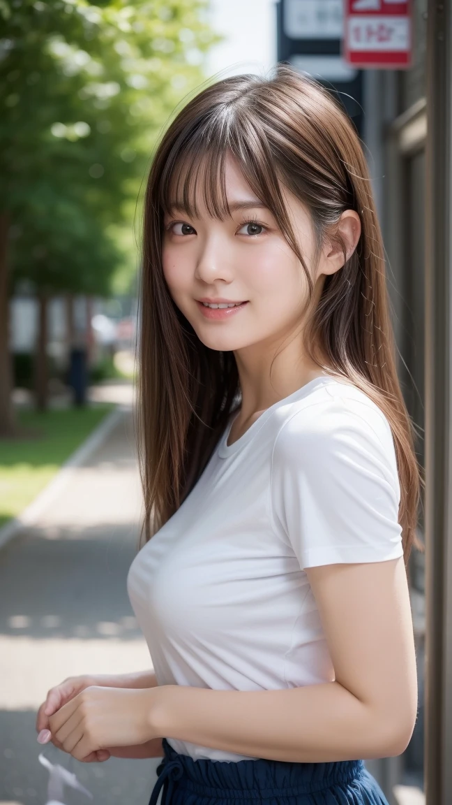Tabletop, Highest quality, shape, Very detailed, High resolution, 8k wallpaper, Perfect dynamic composition, One Japanese woman,Beautiful and beautiful eyes, Cute eyes,Large Breasts,Full body pose,,Natural Lip, white T-shirt,(see-through nipples:1.1),denim skirt,bustling street,Very fine grain definition,(Round face),beautiful girl,17 years old,Realistic,Tiny bangs,Droopy eyes,A shy smile,Brown Hair,Aligned teeth,