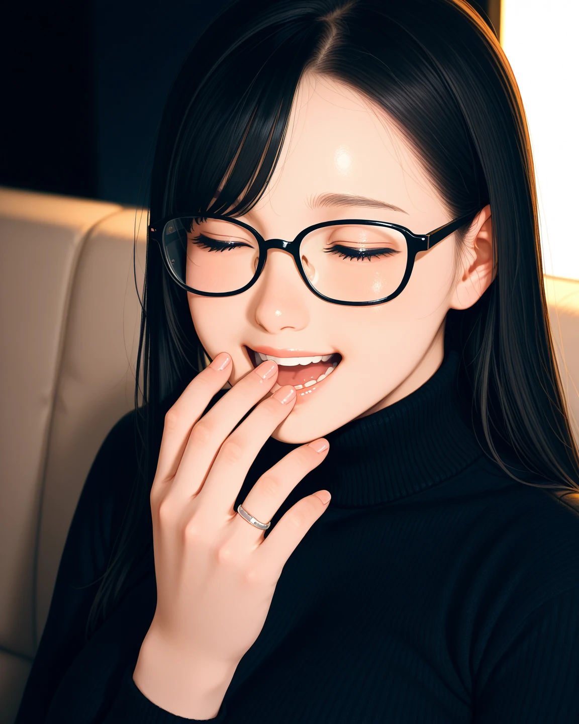 sexy girl,blacked_blowjob,sucking cock,black bra,black hair, ponytail, bangs, glasses, skinny, asian