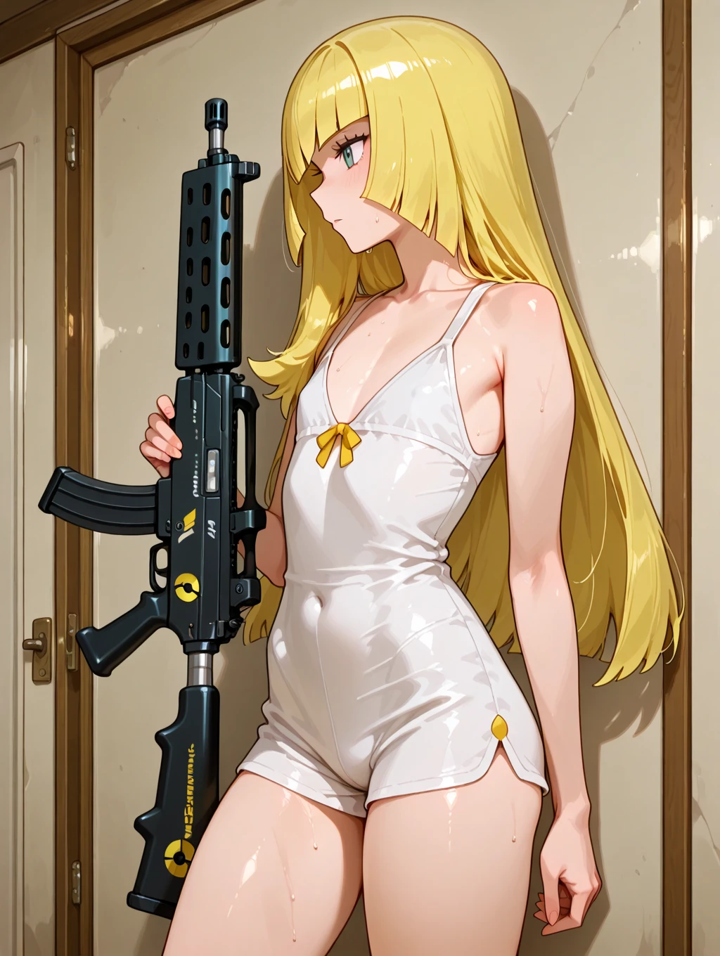 masterpiece,Highest quality,Very detailed,beautiful girl, teenager,Long blonde hair,Beautiful and detailed eyes,skinny,Small breasts,Completely naked, full body,Dynamic,Camouflage,gun,battlefield