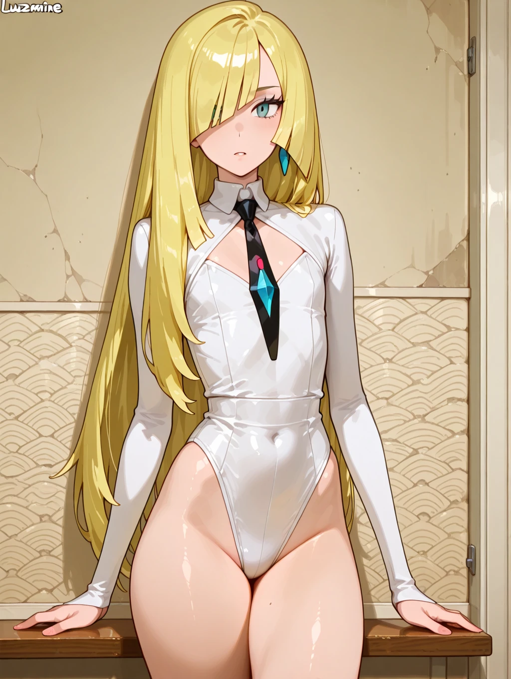 girl，Large Breasts，long hair，Topless，Bow，Blonde Hair, Purple Eyes, Cleavage，Large Breasts,whole body，NUDE