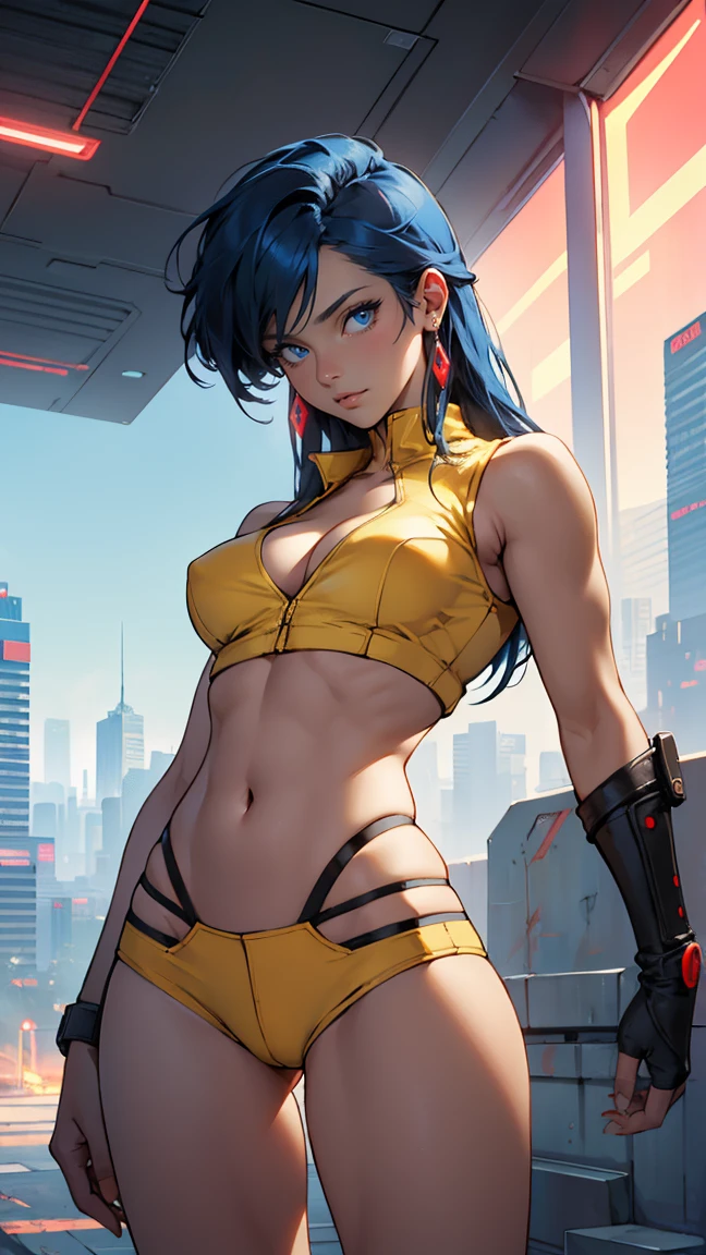 Yuri from The Dirty Pair, , wearing a tight outfit, skimpy, medium breast, (long hair), dark blue hair, beauty, cyberpunk city background, holding retro space-gun, cleavage, slim waist, slim thighs, thigh gap, (light yellow uniform), show belly