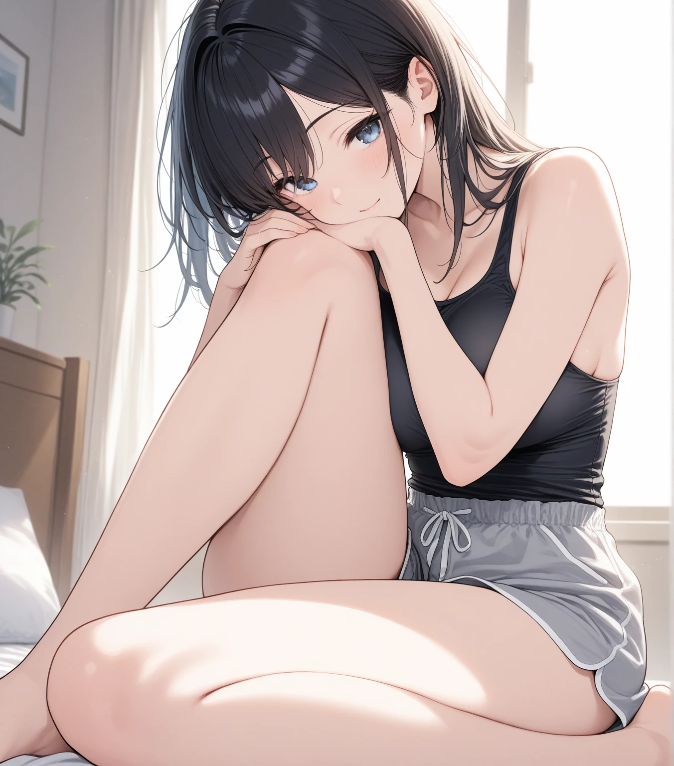 a girl on a yoga ball she likes its she has long brown hair her legs are open she blushing (We front of her)