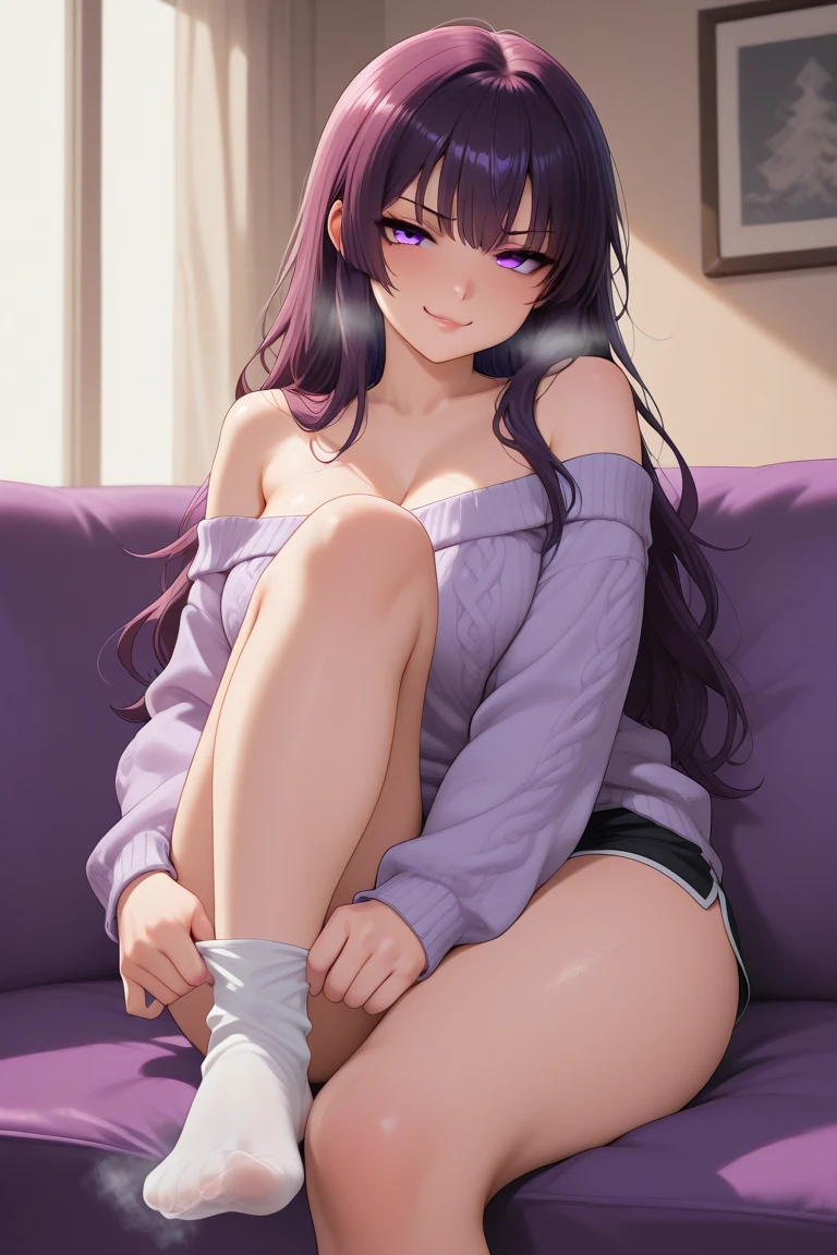 1 woman, mature, black hair,purple eyes, big bust:1, white skirt, simple background, I sat down because my legs hurt., Shedding tears, Beauty