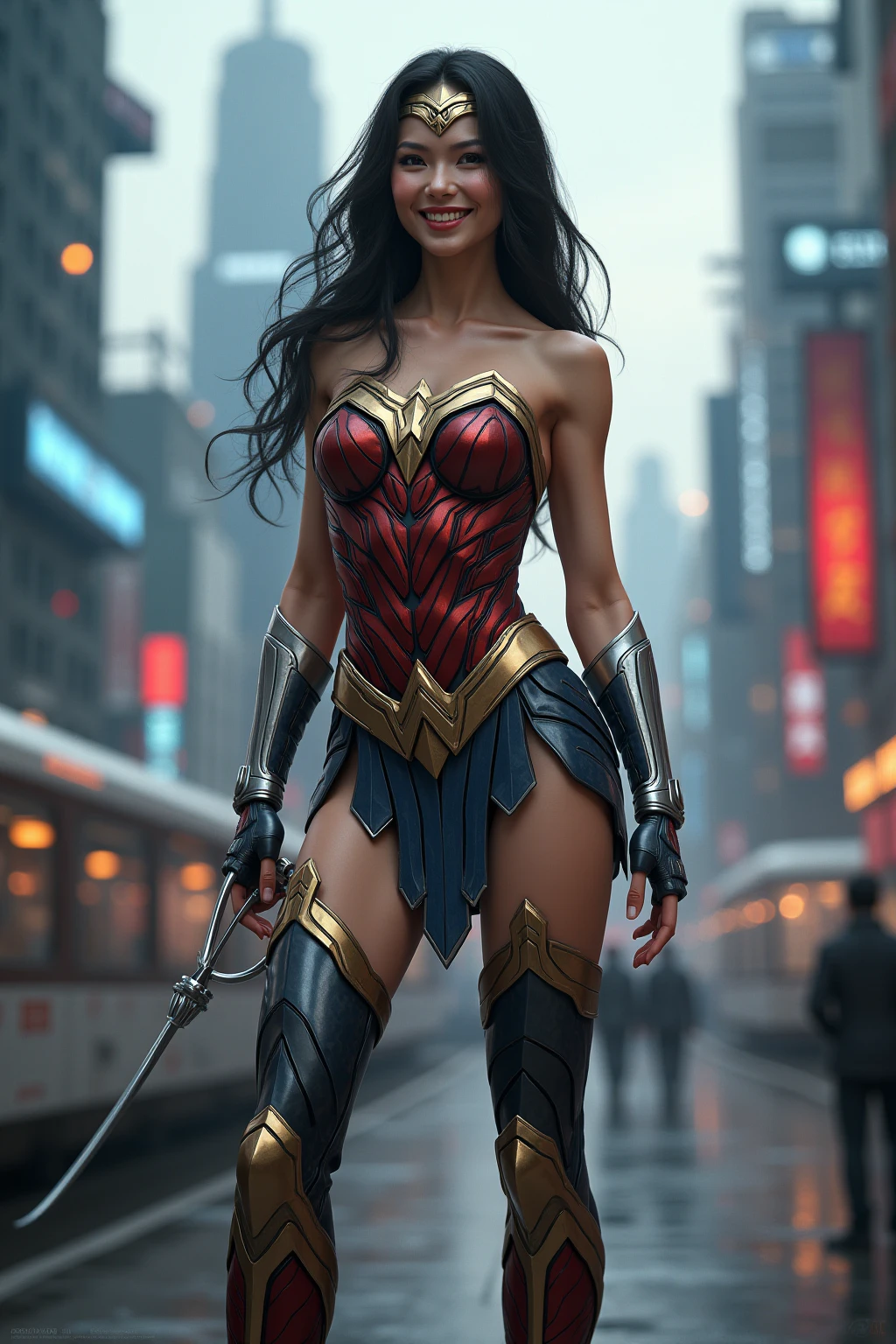 Wonder Woman from DC photography, biomechanical, complex robot, full height, hyper-realistic, insane small details, extremely clean lines, cyberpunk aesthetic, masterpiece featured at Zbrush Central