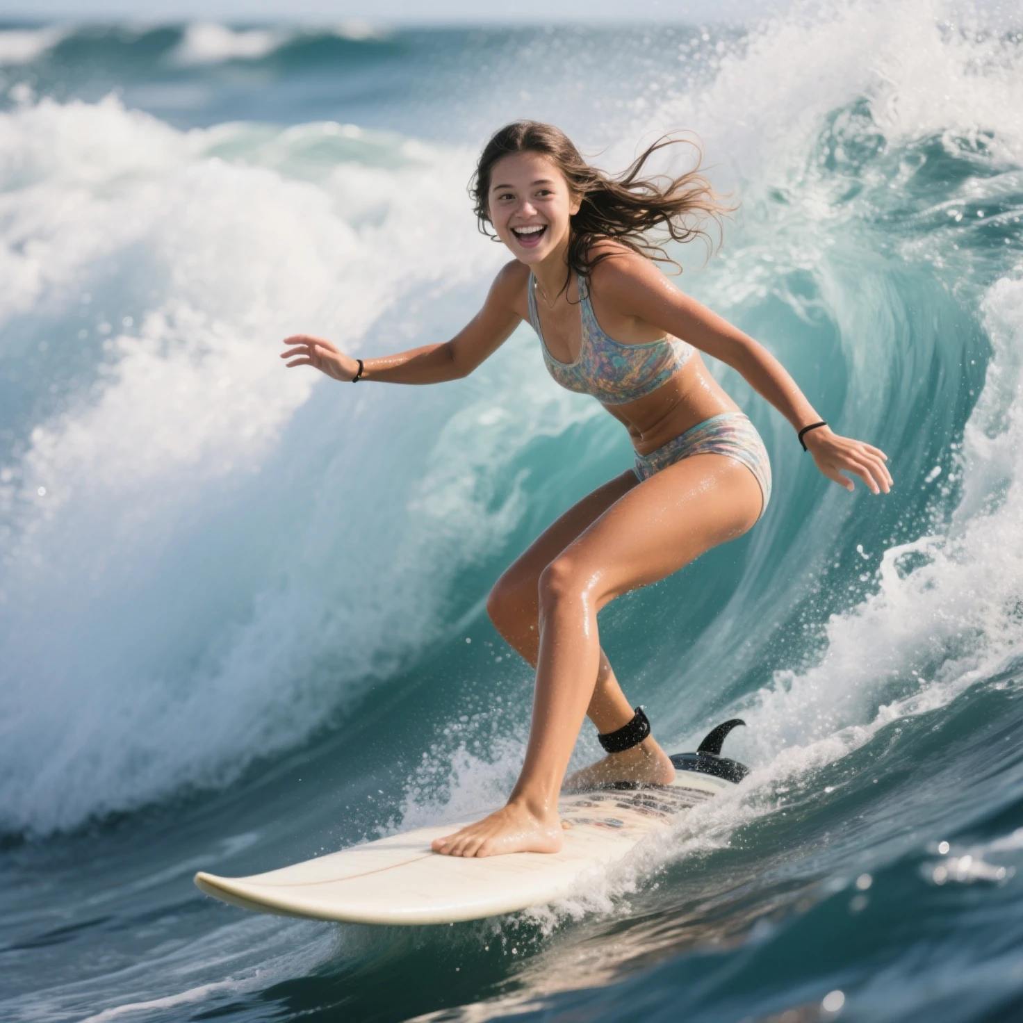 (ZoomedOut:1.28, Wide-shot) (Epic photo of surfer magazine:1.37). (Everything Wetted:1.6) WetHair (extremely detailed KAWAII wet face)(SparklingHighlights:1.28), Dynamic Joyful Expressions LifeLike Rendering  (ManoErina:1.0) . Overflowing Gigantic Sideboob, Detailed wet clothing texture, (Starry Iridescent Particles), (Sloppy Surfboard:-1.2) Riding on waves