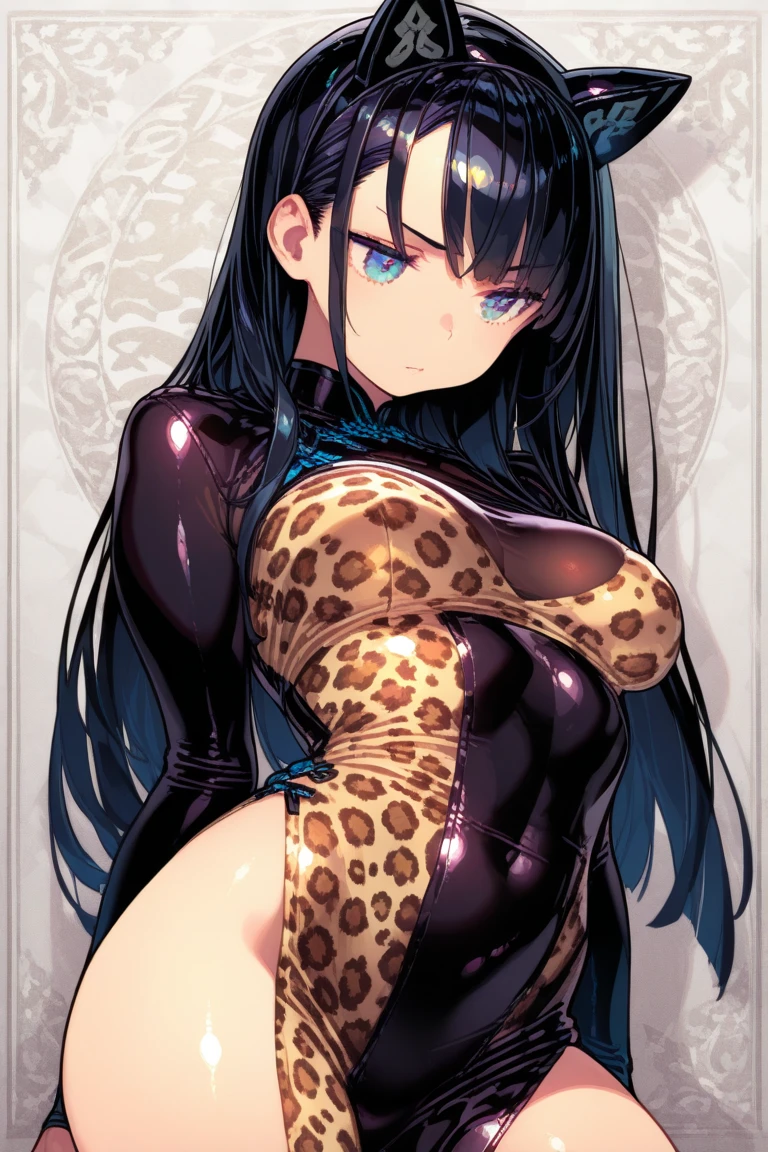 Super precise and super detailed anime illustrations,
pregnant  girl,black twintail,Leopard print bodysuit,
Leopard print ribbon,