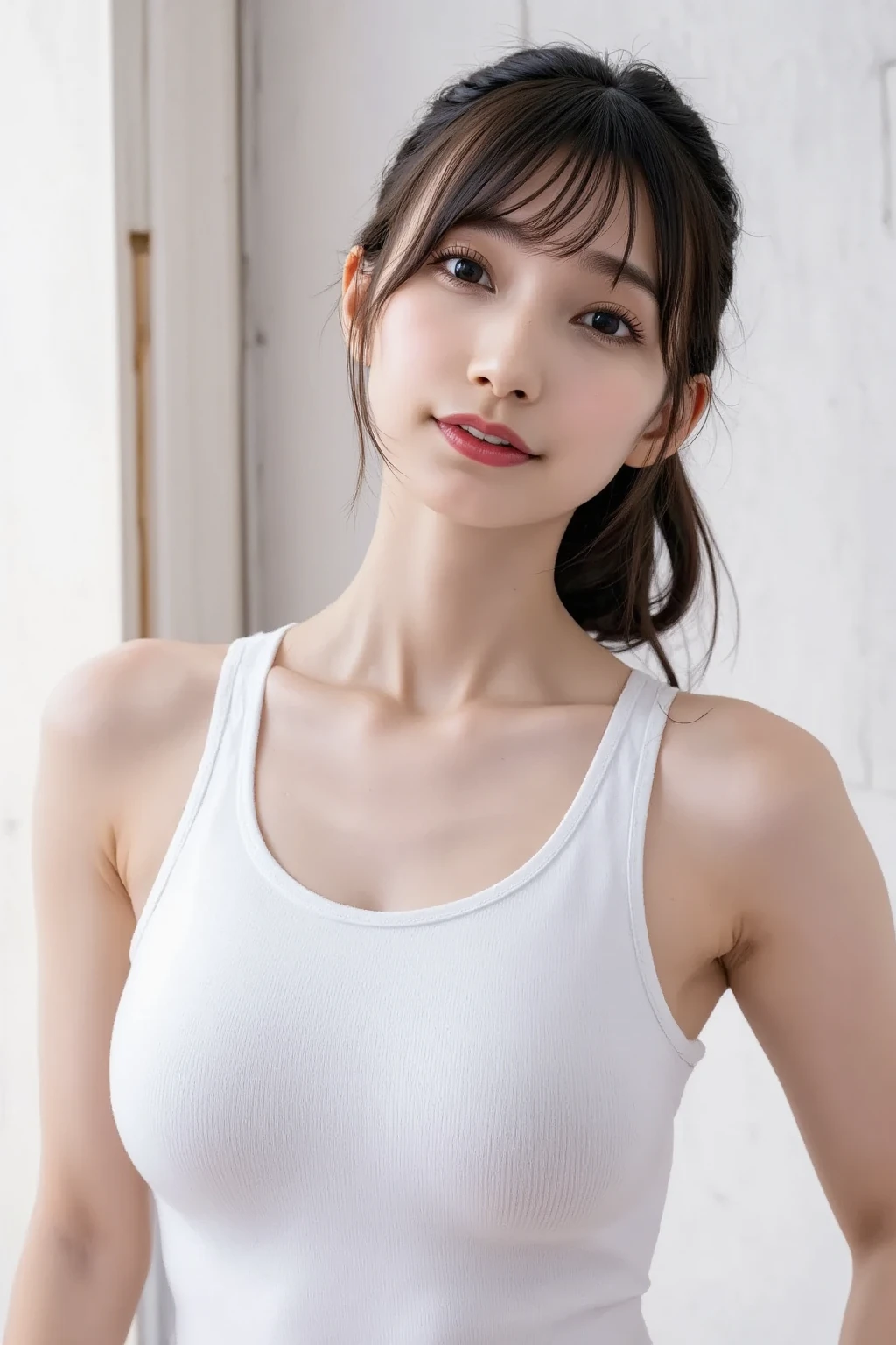 Sculpt a sexy pose, (masterpiece:1.3), (8k, Realistic, RAW Photos, highest quality:1.4), (1 girl), Beautiful Face, Realistic face, (Detailed face), Beautiful Hairstyles, Shortcuts, (Thin Hair), Realistic eyes, (Fine Eyes), Beautiful details, Realistic skin, (Fine skin), Beautiful Skin, charm, Ultra-high resolution, Surreal, Very detailed, (Flat Chest:0.5), The Beauty of Japan, (Slim figure), kind, Brown Hair, Cute young Japanese girl, Cute young Japanese girl, (Simple gray background), Flat Chest :1.2, Emphasize cleavage, Malaise, Wide Shot, (ankle shot), Wearing a large T-shirt without a bra, Girlish, The nipples are protruding, pubic hair