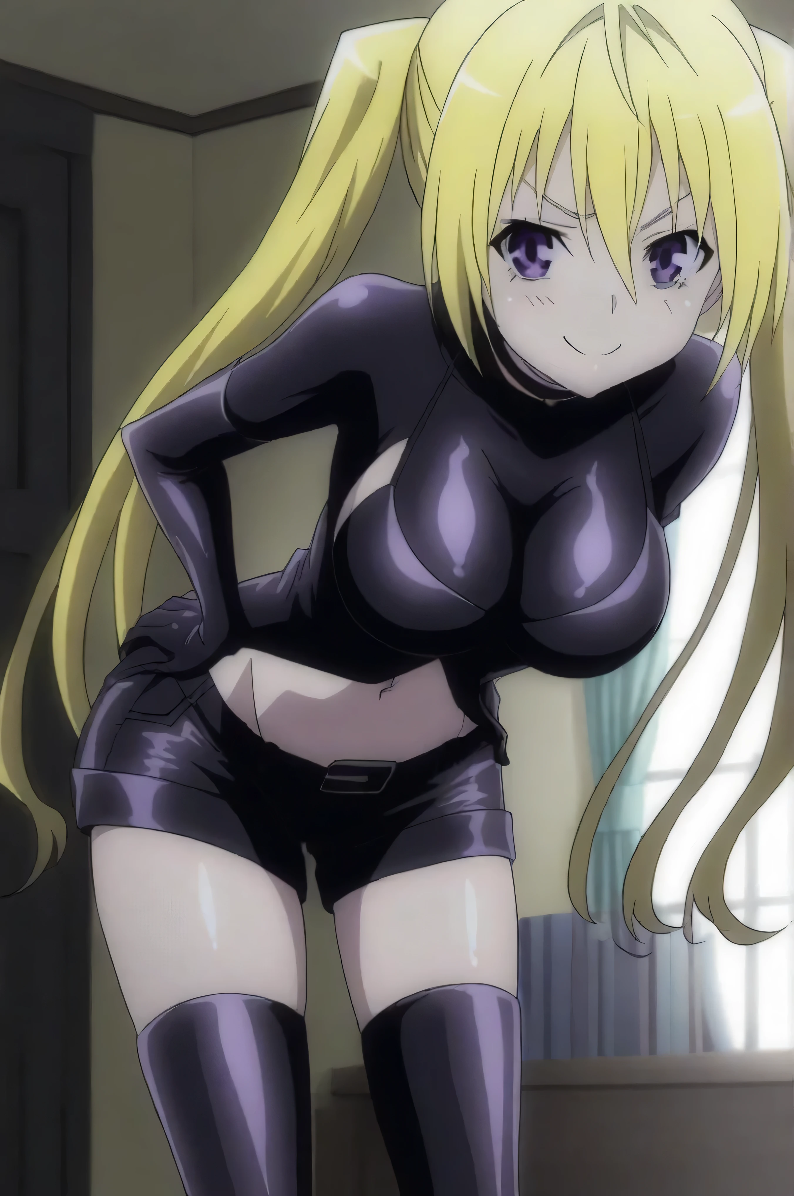 1 girl、blonde、ponytail、blue eyes、super huge breasts、Latex tight clothing、Shorts、High resolution、highest quality、detailed face、anime moe art style、abdomen、Navel exposed、smile、indoor、cowboy shot、Arm Exposure