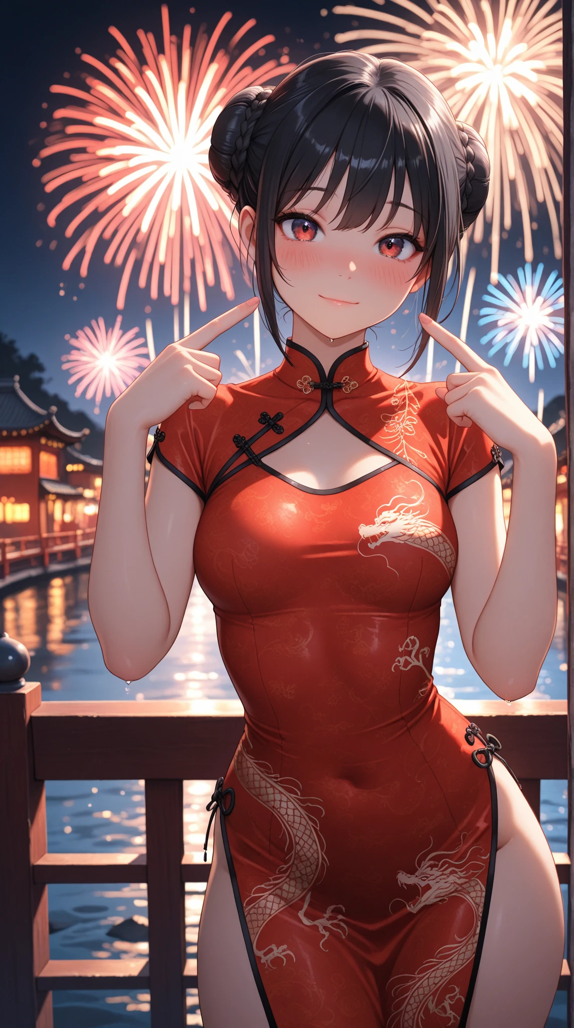Absurd resolution, High resolution, (masutepiece: 1.4), super detailed, (1 woman: 1.3), (Solo: 1.4), Fireworks, a short bob, a short bob, Kimono, Looking back, Closing eyes, Smiling, light, Shinkai Makoto style, Super close-up of the face, Ultra-fine illustration, Vivid colors, Cinematic Light, Exciting light production, Attention to detail, Vivid colors, hair pin, Kimono, Large side-breasted, Looking back, Happy, Smile, From below,