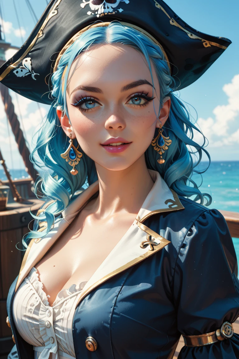 score_9, score_8_up, score_7_up, spanish (pirate woman), 3/4 bodyshot, black hat, parrot, epic Sunrise, boat port, (soft lighting), Extreme detail, (vibrant color), (intricate details), (dynamic angle)