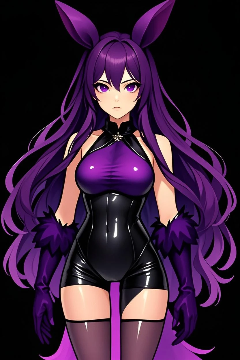 female, black long hair with magenta highlights, silver eyes, black wolf ears, black wolf tail, (((1girl))), (((black leather sleeveless leotard with magenta trim))), (black opera gloves), (black metal gauntlets), (black thigh high heeled boots), (black belt), cute and sexy, full body, large breasts, large butt, long legs, smiling