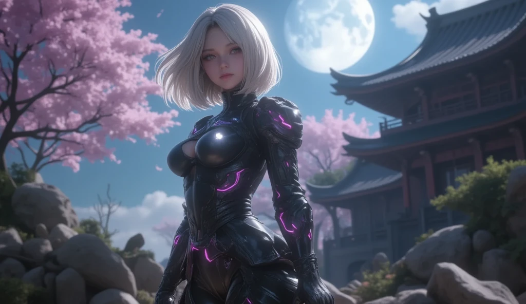 1girl, <(photorealistic:1.3), highres, intricate details>, realistic, (full body:1.2), lips, big eyelashes, (looking away1.5), parted lips, <(masterpiece:1.5), chromatic aberration, cinematic light, vibrant colors, sharp, (beautiful and clear background:1.2), finely detailed face, intricate eyes>, (night:1.5), (solo:1.5), space, best quality, (white hair:1.5), (short hair:1.5), (red eyes:1.3), (background is a winter sci fi city in night with sakura trees:1.5), contemptuous face, (elf ears:1.5), narrow shoulders, big hips, skinny, (narrow black brows:1.3), (flat chest:1.5), (fully clothed:1.5), (intricate sci fi body suit:1.5), black collar, (intricate black gloves:1.5),  <lora:theovercomer8sContrastFix_sd15:0.7>
