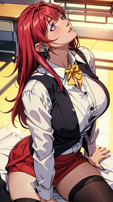 8k, RAW photo, best quality, masterpiece:1.2,1girl,mature female,cleavage,(glowing red pupils),(takashiro hiroko, long red hair, purple eyes, round green ear rings, ((purple underwear)), ((unbuttoned white blouse)), ((red pencil skirt)), ((cleavage)), ((yellow bow tie)), ((black thigh highs)), ((garters)), nsfw),((pull panties)), cowboy shot、((panty pull))、(wearing a skirt:1.2), slightly bent over towards viewer、(locker room:1.2),wet panties, looking at viewer,