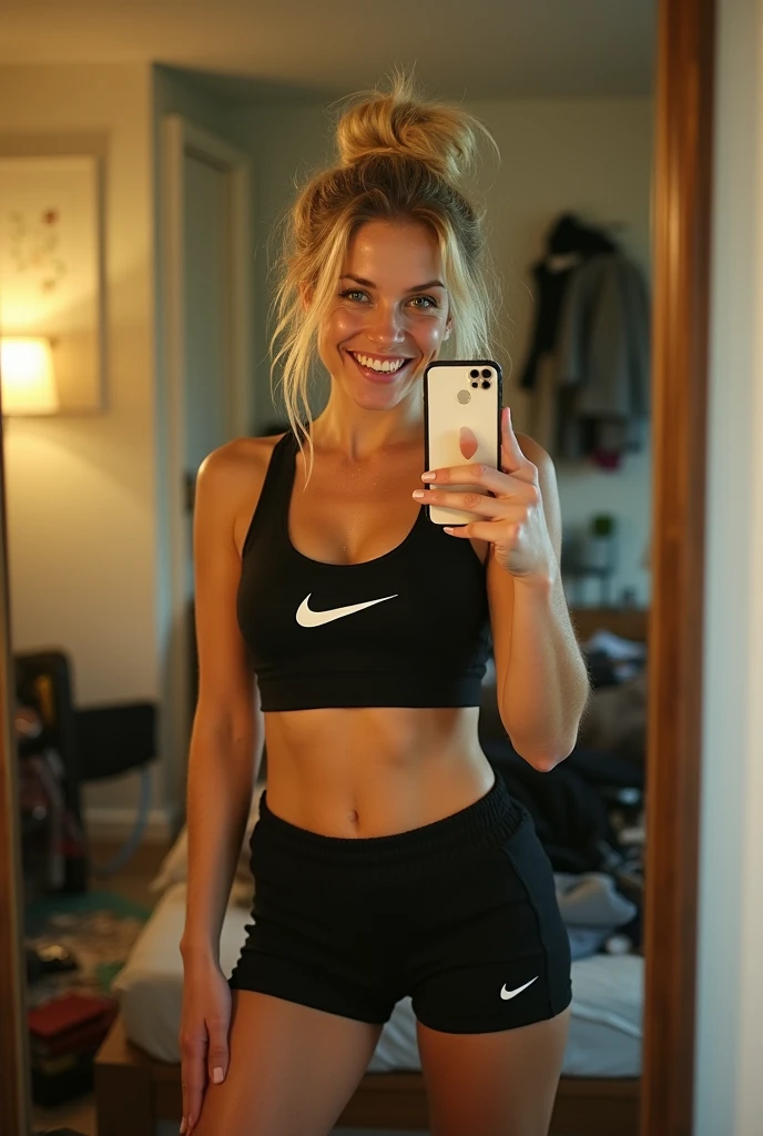 Hyperrealistic blonde female Instagram influencer, Best quality, 1 girl, Blue eyes, blonde hair smiling selfie in nice outfit full body nice butt photo tank top and leggins winter outfit outside on snow