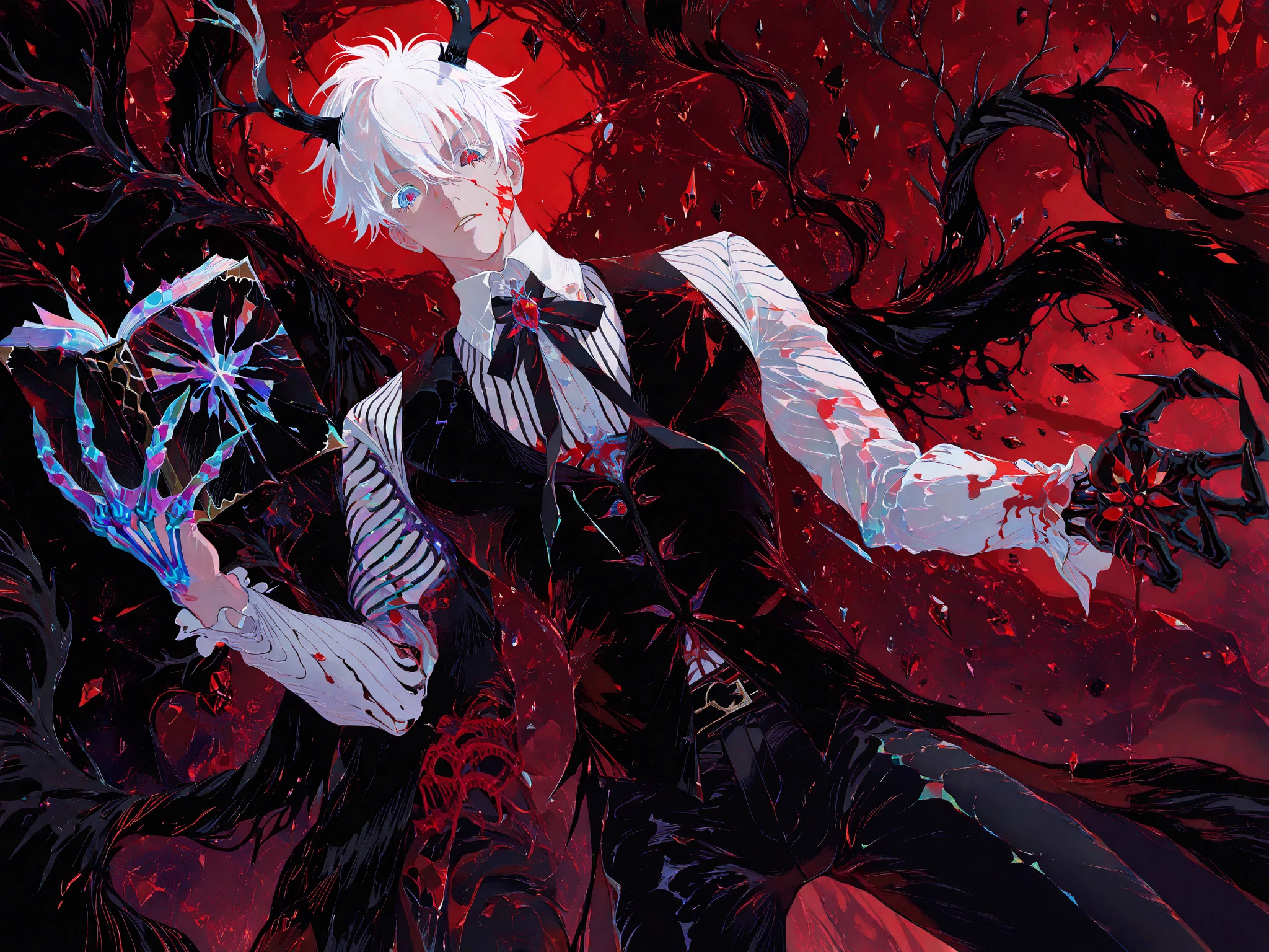 chromatic aberration, colorful, Chromora, hatching \(texture\), colorful, (flat colors:1.3), (demon boy, red pupils, black antlers, skeletal hands), 1boy, male focus, gojou satoru, white eyelashes, blue eyes, white hair, short hair, hair between eyes, sexy man, handsome, mature male, muscular, striped clothes, long sleeves, black suit, neck ribbon, stole, high collar, striped shirt, collared shirt, white shirt, black pants, solo, cowboy shot, dynamic pose, from below, looking at viewer, blood on face, blood on hands, blood on clothes, holding book, holding weapon, holding staff, blood, red crystal, black theme, red theme, abstract, surreal, horror theme, BREAK crystal core, crystal aesthetic, gemcore, shiny crystals, magical crystals, glowing gems, transparent shards, crystalline texture, ethereal glow, holographic fragments, iridescent, rainbow reflections, holographic colors, translucent, glass-like,