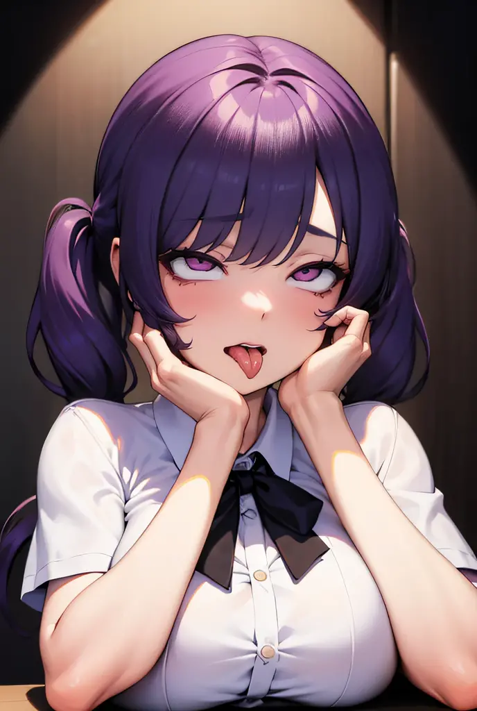 azki_(hololive), 1girl, solo, multicolored hair, pink hair, purple eyes, black hair, hair between eyes, white dress, brown dress, brown jacket, jewelry, long sleeves, x hair ornament, bangs, bracelet, long hair, streaked hair, hairclip, large breasts,,(masterpiece),(best quality),(ultra-detailed),(best illustration),(best shadow),(absurdres),(very aesthetic),(detailed background),looking at viewer,in hotel,in heat,horny,heavy breath,, cunnilingus gesture,open mouth,stick tongue out,long tongue,front view,portrait,close up,half closed eyes,drooling,seductive smile,