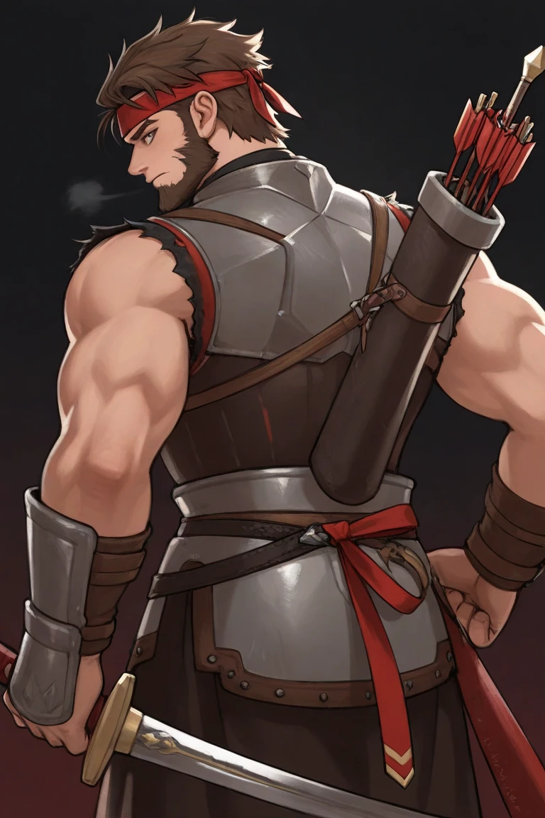 32K, Best quality, 巨作, Super detail, High details ， A tall man and I are sparring, I gesture for him to make the first move. Without hesitation, he leaps into the air, Wielding the Axe of the God of War，Has great power and sharpness. Behind him, a massive Xingtian shadow appears, attacking alongside him.,in the style of the stars art group xing xing,