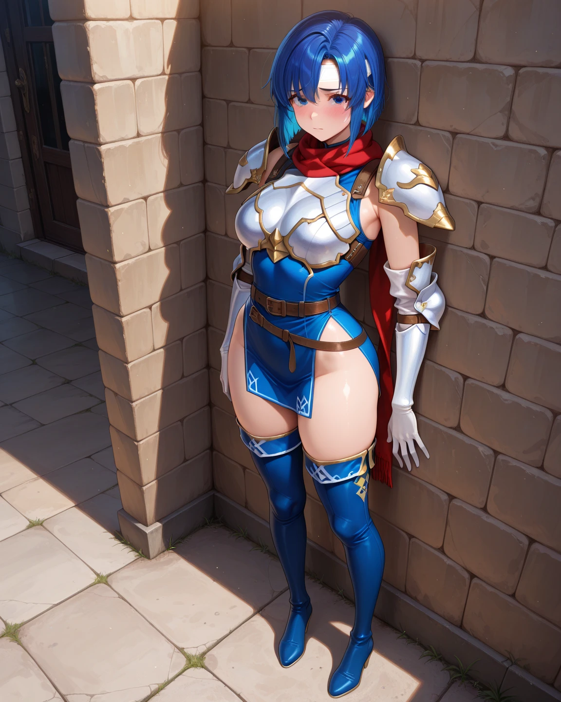 full body,masterpiece, high details, high quality, best quality, anatomically correct, masterpiece, textured skin, super detail,ultra-detailed, best quality, extremely detailed, 8k, high res, realistic, 1girl, 18yo, beautiful girl, (half closed eyes),(narrowed eyes:1.2),(open mouth), (blush:1.2),BREAK,(armor,navel exposed:1.8),blue beautiful eyes, (dark blue medium bob hair,asymmetrical parted bangs:1.6),BREAK,(voluptuous bust:1.5),(Gaunt , thin waist:1.3),white background, 