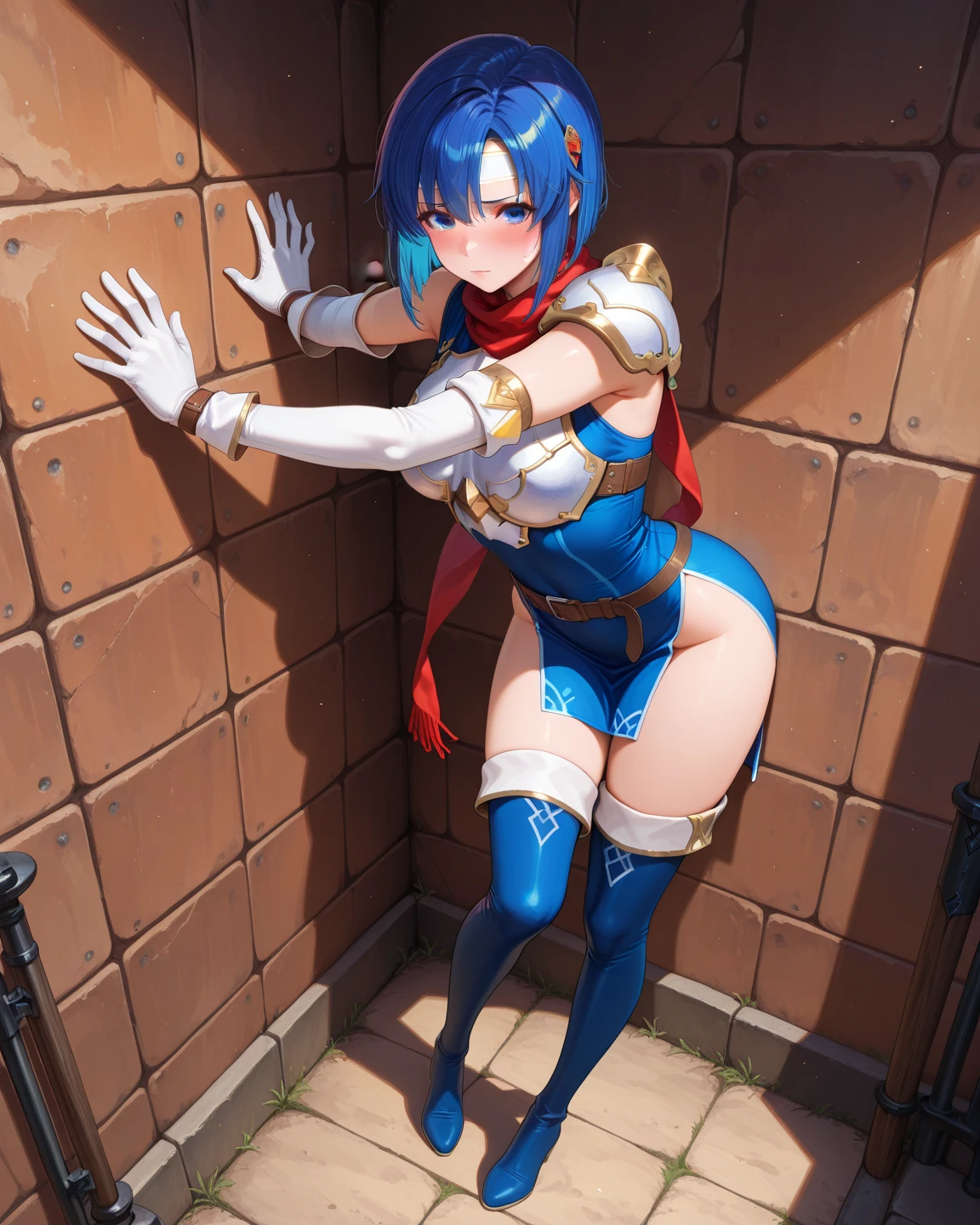 highest quality、cinematic lighting、gladiator woman、painful face、dripping sweat、full of sweat、(Photo 1 seen from below:1)、arena、white panties、Full body、gladiator costume、