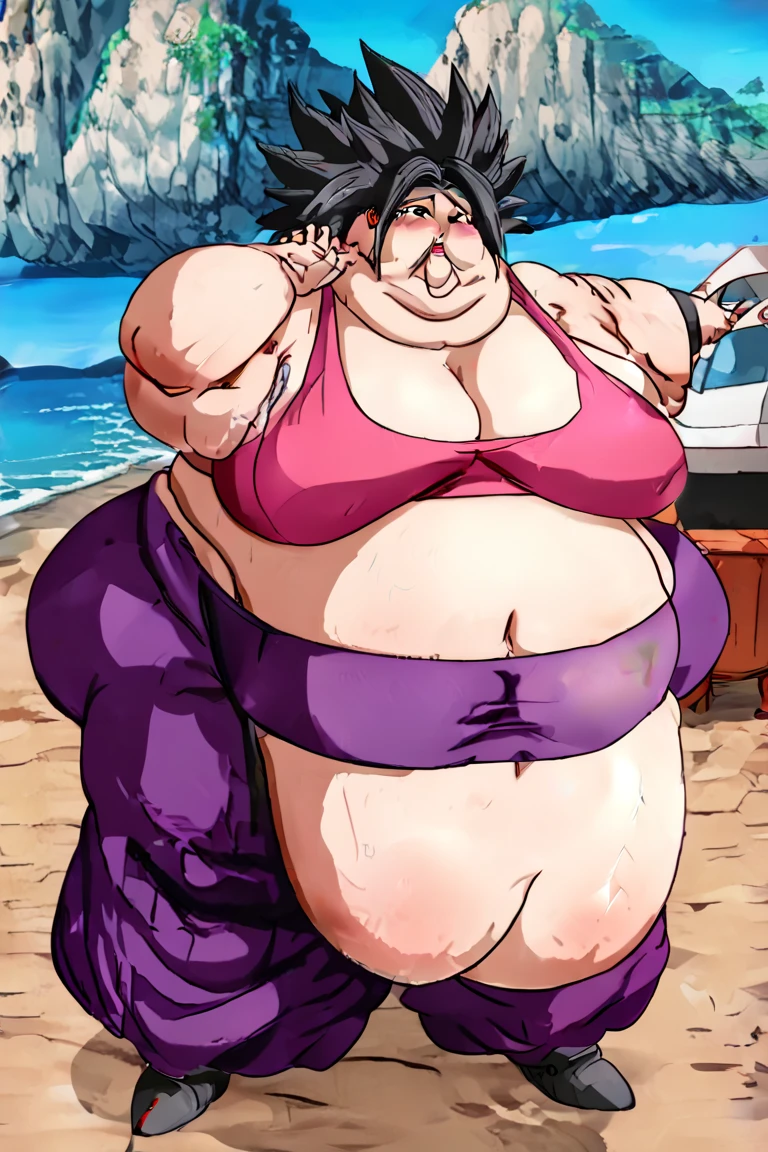 masterpiece, best quality, tashigi, black eyes, folded ponytail, glasses, large breasts, ((big plump belly)), thick juicy thighs, blushing, biting lip, sitting, biting lip cleavage, hair slicked back, pink coat, coat on shoulders, open shirt, blue pants, bare arms, cigar, furrowed brow, looking at viewer, hands to hips, snow, winter