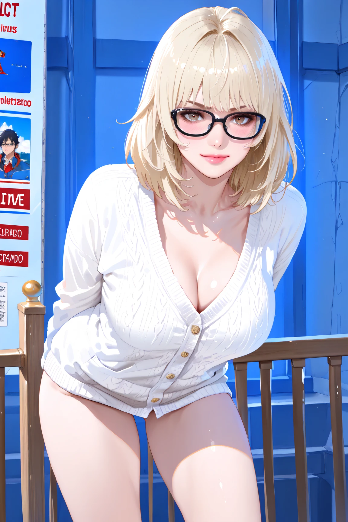 huge tit, Simple background, skin tight, cuteexpression ，Masterpiece,(Best quality,(Shiny skin),realisticlying，kneeling down，legs separated，spreads her legs apart，Silver glasses，busty figure，Place your hands next to your face，near，Smile Expression，White transparent lace bikini，areola of breast，Exposure to sexual organs，The lower body is heavily exposed，The upper body is severely exposed，see-through raincoat