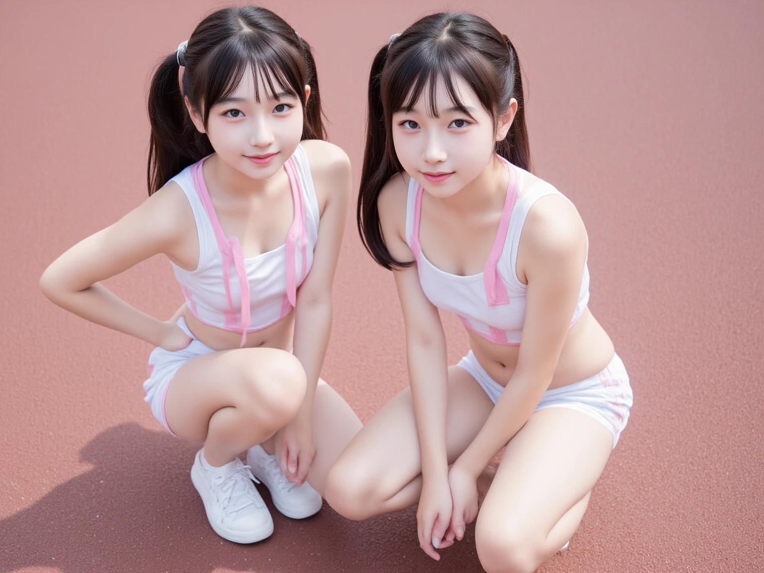 (masterpiece, highest quality:1.4), Award-winning portraits, 8k, 85mm, alone, Beautiful Face, Delicate girl, (On the grass), Sophisticated, cute, 15 years old, RAW Photos, Confused, High resolution, Sharp focus, Background blur、(((Flat 、thin and delicate body、Childish atmosphere)))、shiny semi-long hair、ponytail、Small mole on the left cheek、 Dark brown eyes、Hair swaying in the wind、sexy、Flexible legs、Simple gym clothes without text、Run、Jump