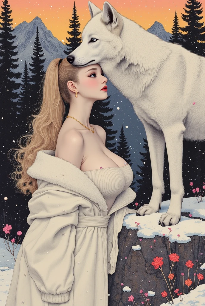 Hyper-realistic and cinematic image! in the foreground the figure of a female portrait, a completely  woman, slightly positioned to the side, protecting herself from the cold with her arms covering her  and face, with beauty and detailed groin with hair, in the  area, black hair. In the background the figure of a black wolf crossing the scene, looking at the woman in the foreground, the scene is Yosemite Park, in the United States, beautiful landscape, mountains with frozen peaks, partially frozen lake.
