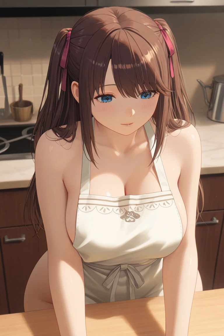 1 girl, solo, brown twin tails, naked: 1.2, (apron), big, cleavage, cleavage emphasized, thighs, Cafe Background, smile, blush: 1.1, beautiful legs, showing breast, nipple, showing vagina