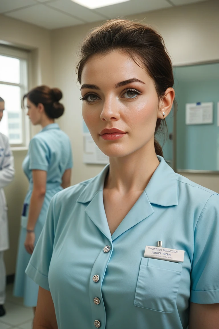 Ultra realistic, Cinematic,young surgigal nurse,  swedish teeanger girl, 17 years, blonde hair , standing, working in surgery, body, pale skin, beautiful face, big smile, detailed face, ultra soft and ultra light slight small ultra dark-ocean blue women hospital scrubs, dark ocean-blue hospital scrubs, wide angle showing full body,  hospital ward, people, bokeh, short hair tied up as hair bun / Chignon