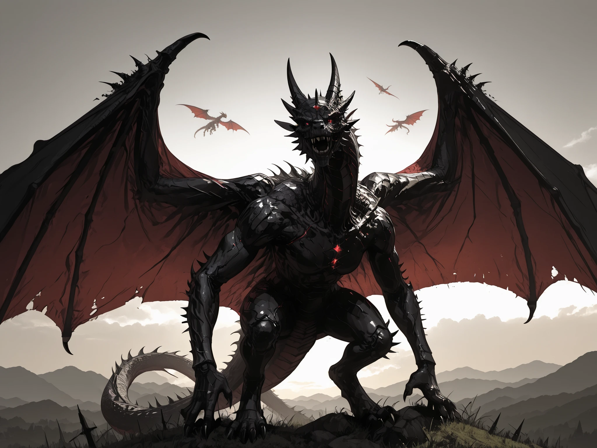 Masterpiece, Best Quality, ultra high res, photorealistic, 8K UHD, hyper-detailed, 1 character, a 3 headed dragon with big wings, 2 arms, 2 legs. Perfect anatomy 