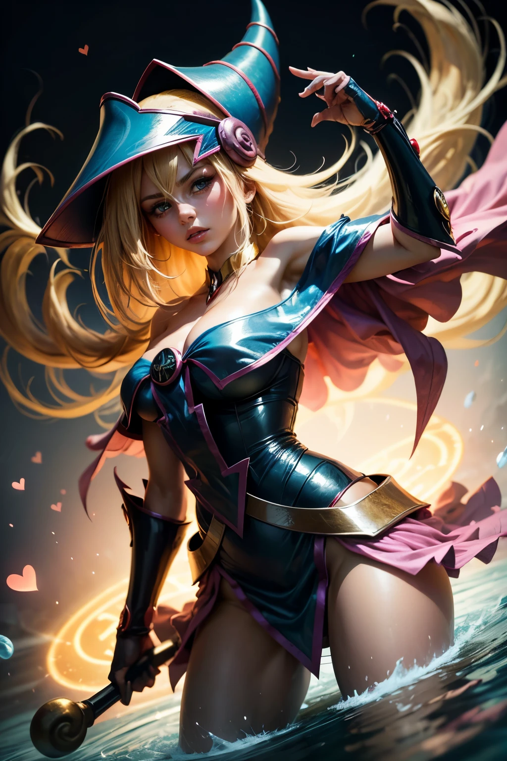 (masterpiece:1.2), (The best quality:1.2), perfect lighting, Dark Magician Girl casting a spell, in his twenties, floating in the air, big , neckline, blue robe, big hat, from above, shines, Yugioh games, magic of the heart. LIGHTS OF THE HEART, romantic heart