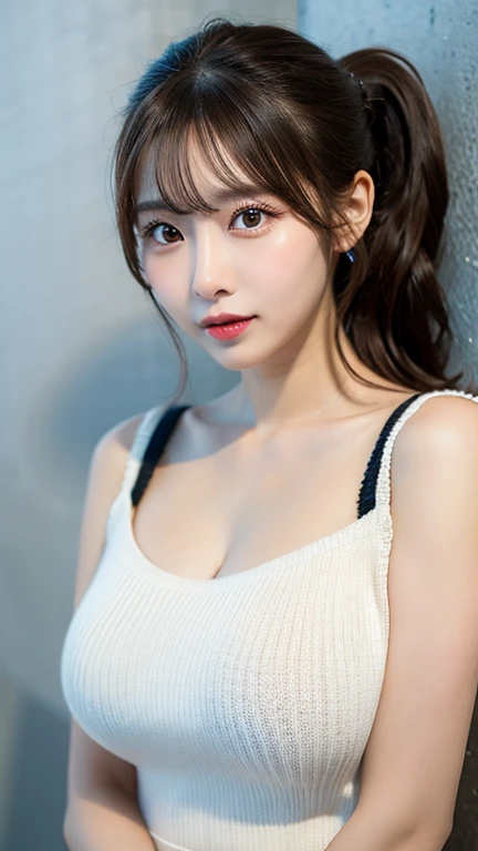 (((forehead、Northern Europe、White people、beautiful girl、Black Hair、White background、Race Queen、mini skirt、Off the shoulder、Jacket、Tank top)))、table top, highest quality, figure, super detailed, finely, High resolution, 8k wallpaper, Perfect dynamic composition, detailed and beautiful eyes, Deco out,blonde, medium hair, super big breasts, natural color lip,white background, random cute poses,frill dress