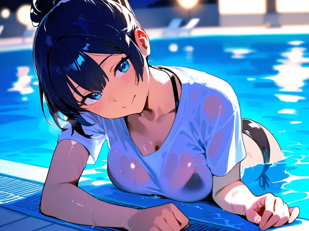 {{masterpiece}}, best quality, extremely detailed CG unity 8k wallpaper, cinematic lighting, lens flare, beautiful detail eyes, black,  side glance,  multicolor hair, colorful light, particles, heterochromia, (colorful:1.5), (colorful hair:1.5), Sexy swimming suit, nipple slip,
