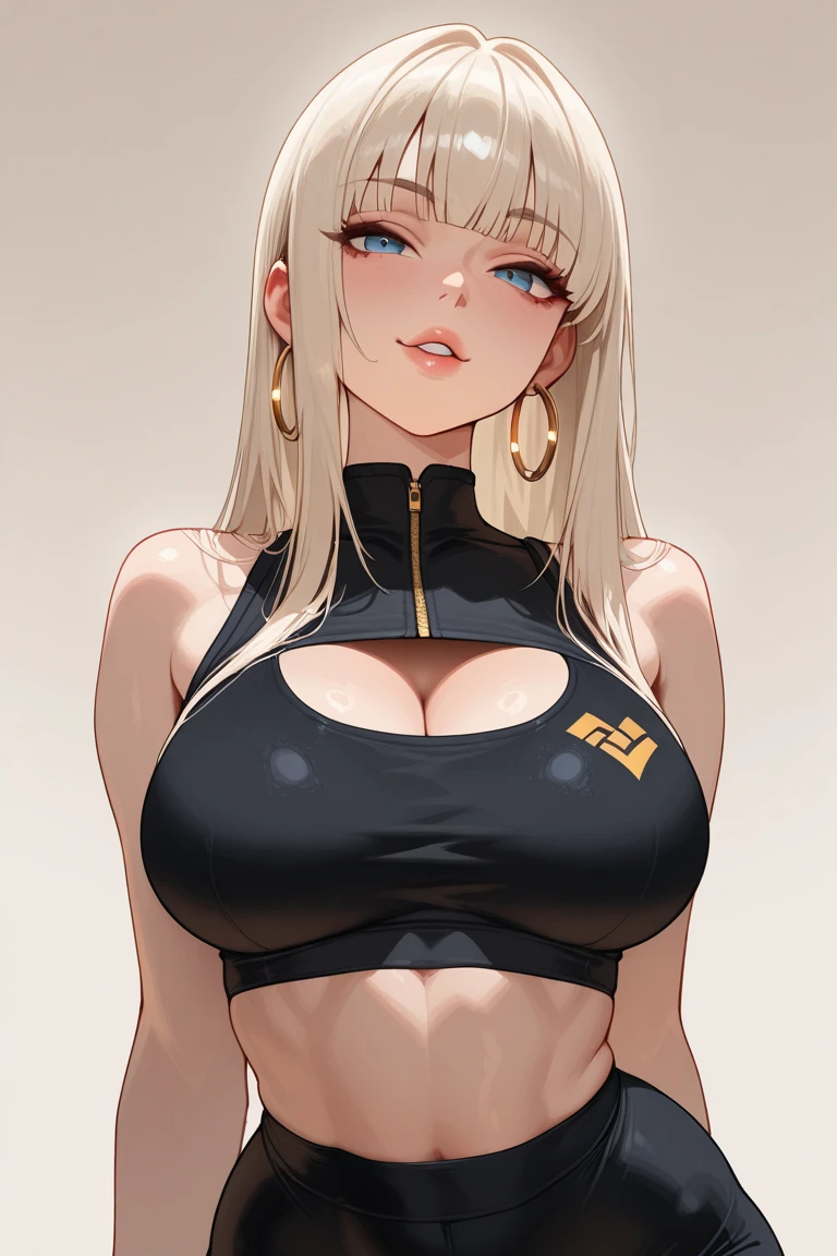 1girl, solo, Manaka Takane, hair ribbon, false smile, mature female, standing, sweat, fog, sweater, flustered, panicking, rushing, revealing clothes, forced smile, half-closed eyes, slut, white shirt, jacket, (black fur), sleeveless, microskirt, golden bracelet, wrist ring, (o-ring:1.2), high heels, (thong), panties, hoop earrings, nodded head, underboob, pleated skirt, microskirt, naughty face, evil smile, blush, (dark skin:1.4), (blonde hair:1.3), milf, mature women, sagging breast, (huge breast), peaky, aliora slip, big belly, chubby, plump, BREAK, masterpiece, best quality, detailed face, face focus,