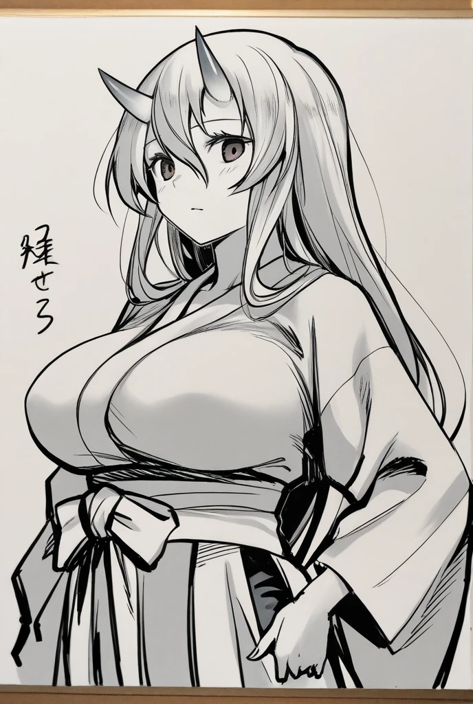 1 ,Line drawing,monochrome,(sketch:1.5、pattern、pencil drawing:1.5、board:1.5),board,traditional media, whole body,look up,Cold Background ,(Wearing a Kimono) ,Smile,Long hair,Clothing Model,Large Breasts