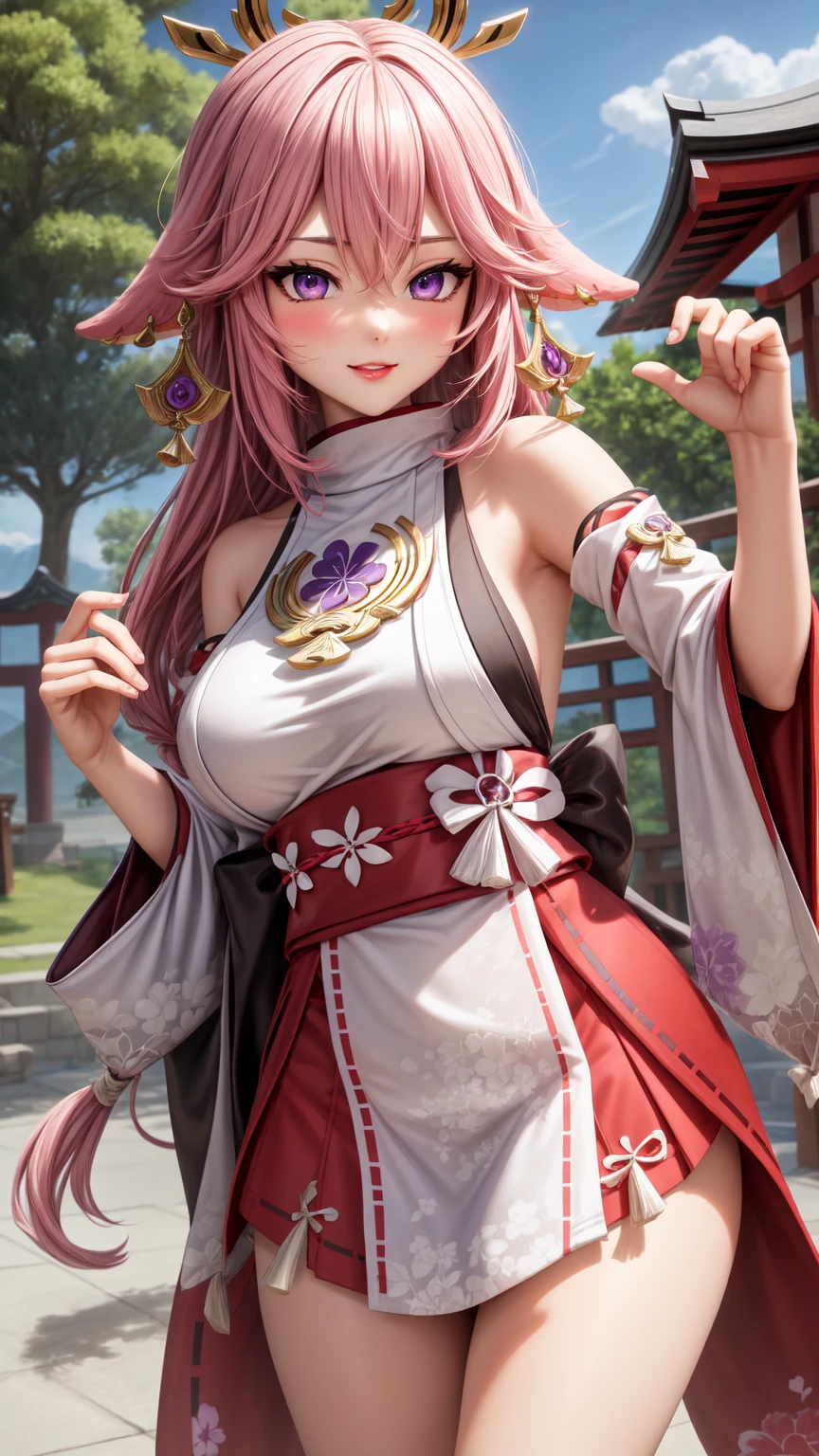 (masterpiece, best quality:1.2), solo, 1girl, yae miko, smile, looking at viewer, hand on own chest, hair ornament, japanese clothes, sideboob, detached sleeves, wide sleeves, jewelry, earrings, bare shoulders