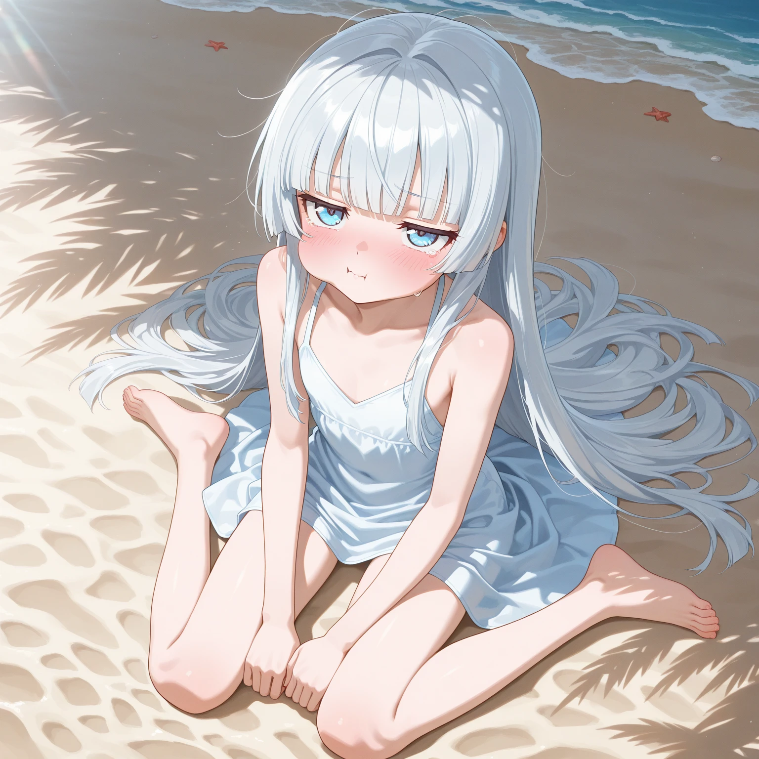 {artoria pendragon_fate ubw:1.15},(((white hair:1.5))), ((detail beautiful closed_eyes , :1.8)),,, ((Strong light )) , ((1 very tall girl:1.9)),((she is high tall:1.7)),, alone,, ((detail closed eyes, squinting,)) ,squinting,((open mouth :1.7)) ,hair between eyes,,, bare shoulders,, cleavage, , ((( very long straight hair:1.5 ))),
BREAK, ((NUDE:1.7)) , BREAK , , beautiful light, , close up face:0.2, detail navel , detail thin thigs, , ((closed legs:1.5)), BREAK, ((BREAK ,sitting on gold liquid:1.8)),((Legs trembling)), trouble eyebrow, ,
nsfw,(ecstasy:1.8) ,(slut:1.6),(vulgarity:1.7),(fucked silly:1.8),(steam:1.5),(Wet:1.5),(trembling:1.5),(((Twisting the body:1.7))) ,(drooling:0.2),(sweat:1.5),closed mouth:0.8, wince,(orgasm:1.7), trembling:1.8, beautiful upper body, Beautiful body, beautiful character design, perfect eyes, Perfect face, expressive eyes, Turning the face side to side,(beach:1.5),in the center of the image, official art,High Definition CG Unity, Perfect lit, bright_front_face_lit, ,(Highest_quality:1.0),4K,Super detailed, photograph, 8k, nffsw, High resolution, absurdes:1.2, kodak portrait 400, film grain, Lens flare, (lively_Farbe:1.2) (beautiful, small breast:1.7), (beautiful_face:1.3),(narrow_waist),((blush)), ((detail nipple)),,sabias, dress,