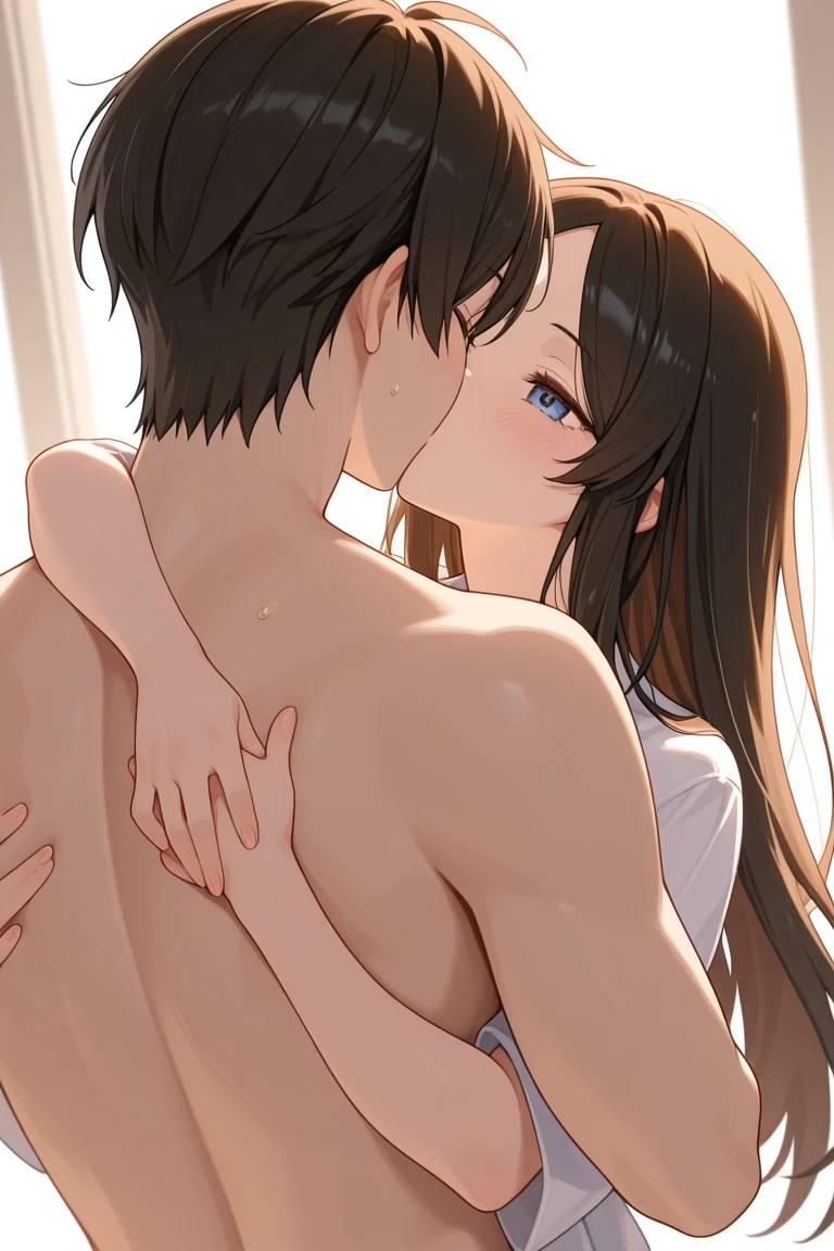 Japanese actress Tsubasa Honda、In denim shorts, On my knees, Side view, Open your mouth, Eyes widened, Ponytail hairstyle with bangs, Barely, Beautiful breasts, Bare thighs, A naked man was pressed against me from behind., A man subdues a woman、Sensual look、(Realistic、Photorealistic:1.3)、