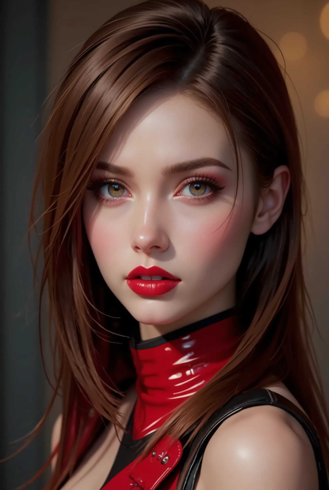 full body portrait including legs and feet, red lip gloss, thick white eyeliner flicks, mascara, face close up, beautiful brown hair, latex final fantasy tifa outfit with latex pleated micro skirt latex white top latex red gloves and boots, red latex stockings,, huge oily tits, bright red lips with shiny lip gloss