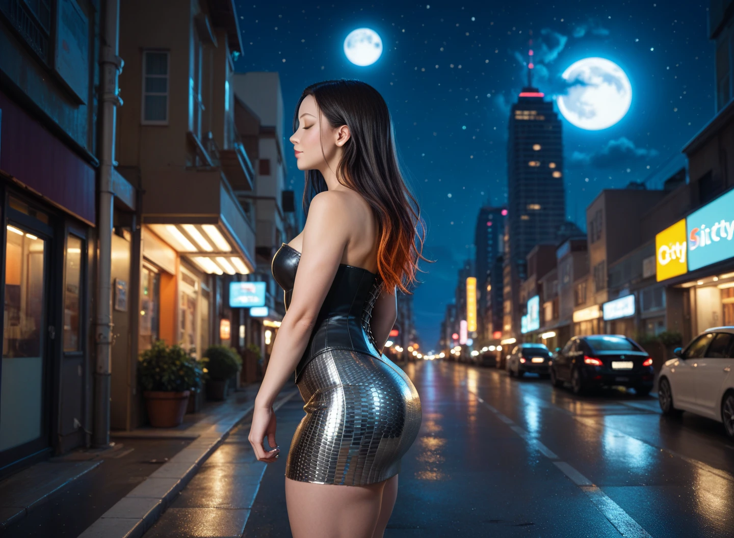 a woman in a purple dress and some men in black and purple outfits and a neon light up background, Enki Bilal, cyberpunk, cyberpunk art, (retrofuturism:1.5), 1girl, building, city, city lights, cityscape, cyberpunk, earth \(planet\), from behind, lens flare, lights, moon, neon lights, night, planet, rain, science fiction, skyscraper, space, thighhighs, underwear, (close-up shot:1.2) (asymmetrical:1.5), (alluring:1.42), (exquisitely seductive:1.34), (sublime:1.42), (fantastically epic:1.34), (masterpiece:1.45), (absurdres:1.62), (8k uhd:1.34), (4k, intricate:1.57), (realistic, photo-realistic:1.37) <lora:add_detail:1>