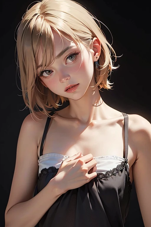 ((((masterpiece, Highest quality, High resolution)))), Very detailed16K, (Ultra HD, Very detailed, Very detailed, Very realistic, Ultra-realistic, Photo Real), (One person:1.5), Beautiful light blonde short hair, (Dynamic pose,Hands above head), (Close-up of the upper body:1.5),To the camera, A light smile, (Huge breasts, (Beautifully detailed face, Beautiful attention to detail), (Ultra-realisticな美しい透け感のあるsexyなマジシャンロングブラックドレス, The front buttons of the magician's long dress are not fastened, White feathers printed:1.5), (Naked breasts are visible:1.3),Shine, Sweat, (rays of moonlight, moonlight),sexyな長い脚, Exposed breasts,sexy, blush,Looking up at the sky, Ultra-realisticな広大な風景, photogenic scenery, In a beautiful garden, european royal palace, Windy Day,Hair blowing in the wind,