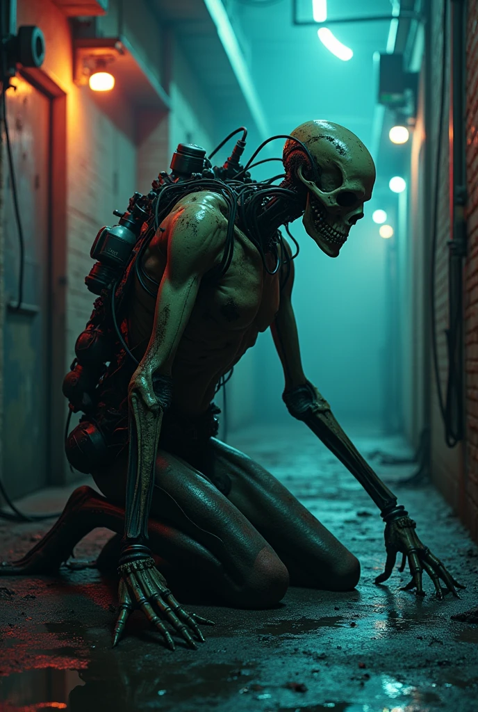 Cyberpunk zombie full body, techno clothes, robotic arm, olho bionico, with skin full of burns,Cables and tubes coming out of the head, metal skeleton, Electronic Parts, dark surroundings, Blade runner, headquarters, Chopped and sliced skin, extremely detailed and intricate details, Very bloody, Scary grotesque,cyborg style