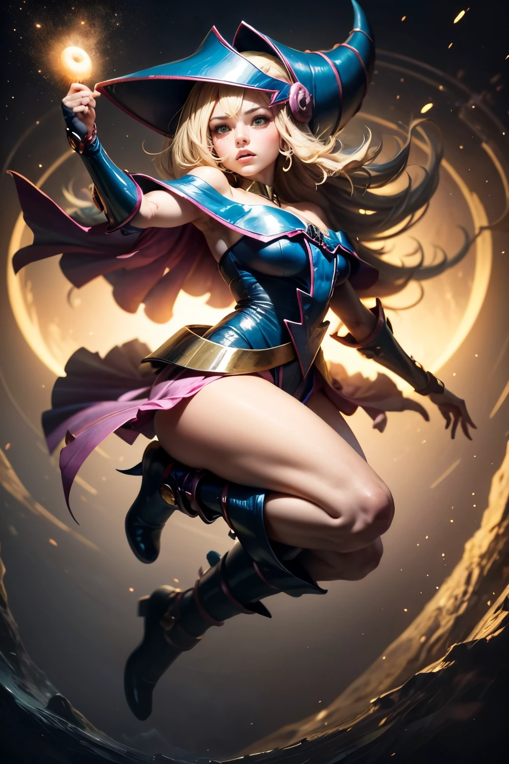 Dark magician gils en pose de pelea. Fondo de campo de batalla