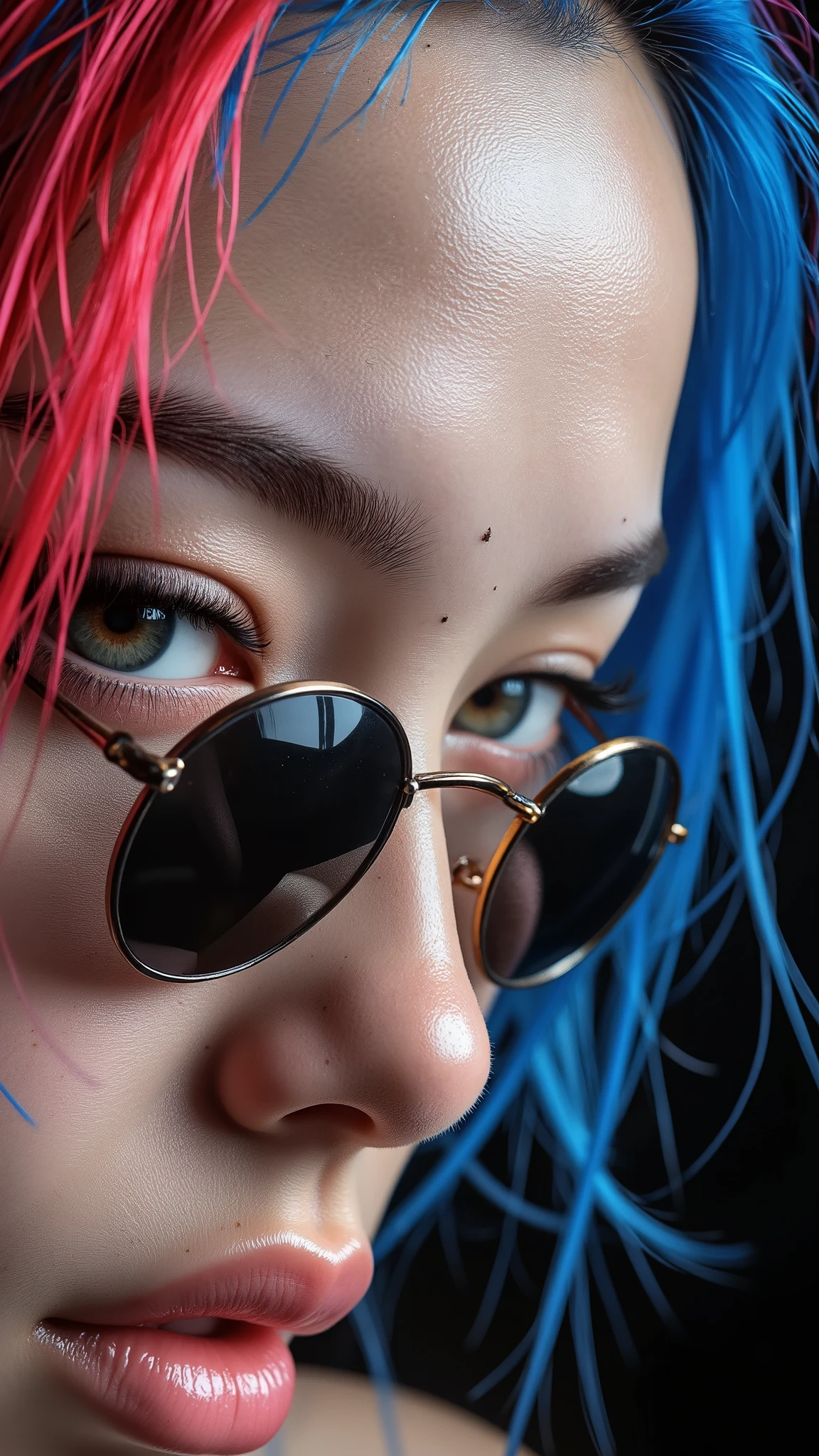  [Style: "masterpiece, realistic, (photo realistic Realism), ultra-detailed, Hyper high resolution"](Key Directive: - ("The priority is the anatomical accuracy and texture of the materials" - "Ultra-sharp human eyes with biological accuracy") { "Eyes: (acid-resistant terminology) (macro-details:1 . 5): * Moist corneal surface (visible aqueous layer:1 . 2) * Hyper-detailed iris stroma ((brown) with gold flecks) * Precise limbal ring (slightly darker pigmentation:1 . 22) * Pupil micro-texture (irregular edge authenticity:0 . 9) * Vasculature in sclera (subtle red veins radiating from limbus)" - "Lashes: blue individual synthetic fibers (crosshatched roots:1 . 2 , clump-free separation)" Technical Specs: (Optics: - "Zeiss Otus85mm f/1 . 4 lens (eye refraction calculations:1 . 3)" - "Shutter Speed:1/500 (freeze eye micro-movements)" - "Focus Stacking:7-point coverage on iris plane") (Post-Processing: - "Frequency separation for skin vs eye details" - "Selective sharpening: eyes200% , hair80%" - "Denoise: luminance20 , color35 (retain corneal speculars)") (Avoid: "pupil distortion , uncanny valley asymmetry , plastic-like wetness") ((a cute and very beautiful, 1 Japanese, 30yo, famous Kpop idol:1.35)), (ultra realistic texture details: velvety skin, hair),(extremely beautiful face), ((Fake BIG breasts:1.3)), perfect female body,(((Beautiful long legs in good style:1.3))),((no bra, no panties:1.3)), (medium butt),((perfect female thick hips)),(perfect hot model body:1.4),((slim belly: 1.2)),(muscular body),((red and blue stylish hair:1.35), extremely detailed:1.33), dressed in a slave outfit (made of latex:1.3), (dressed in tank top (latex with chains:1.3)),long pants (tight black lace-up latex:1.4)., Depth of field, cinematic light, Lens flare, dslr, best high quality soft lighting, sharp focus captured by Fujifilm XT3, f 5.6,(((full body shot:1.5)))