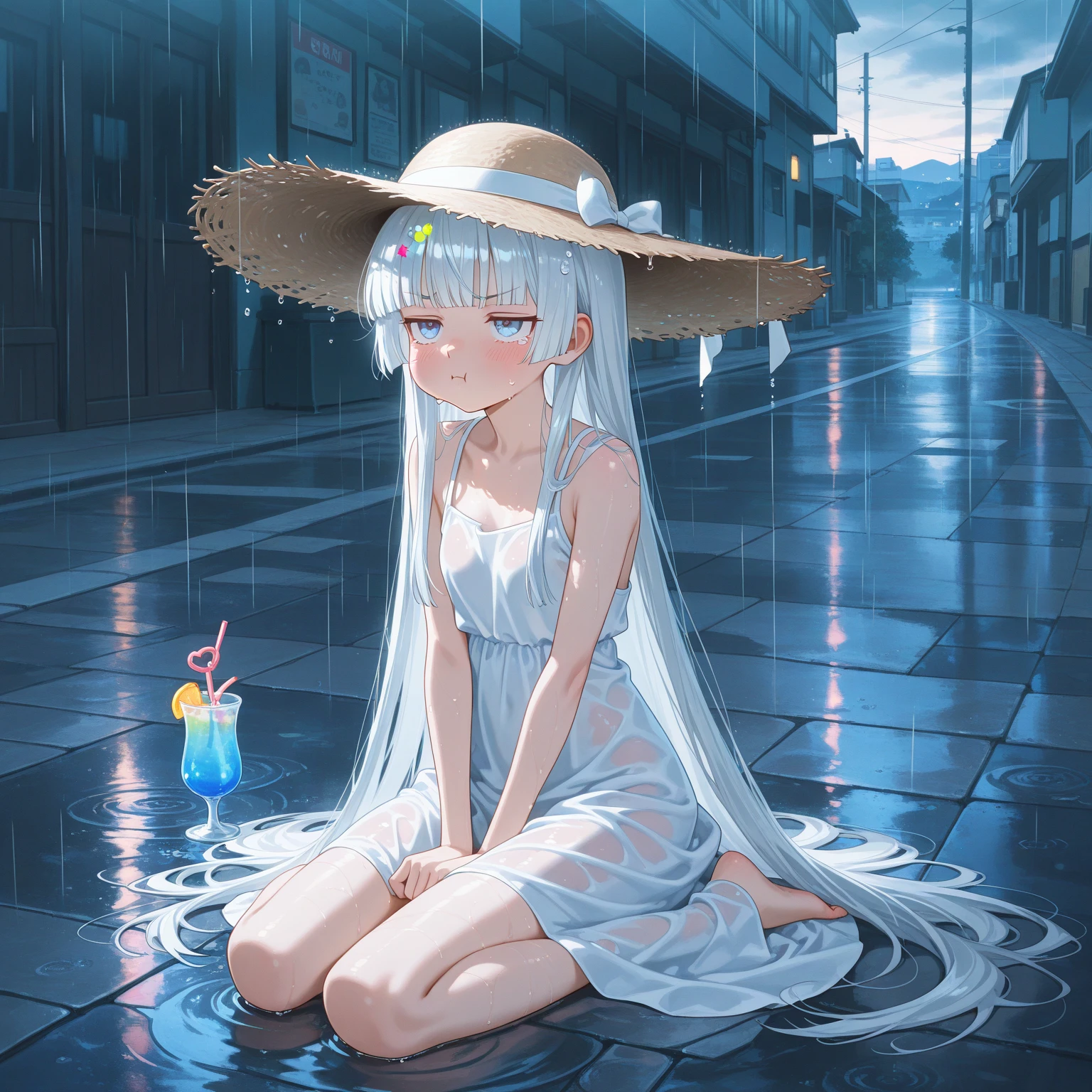 ((Highest quality)), ((masterpiece)), ((detailed)), 1ghost girl, 独奏, pale skin, silver hair, long hair, flat chest, sundress, bottomless, spread legs, heterochromia, yellow eye, (sad), sad smile,  rain, (wet), see through