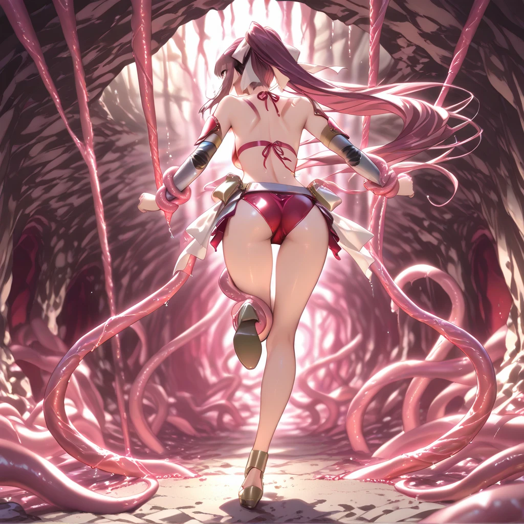 women, red head, night, (scrawny), (yelling), (eyes tightly closed), (crying glowing red tears), pigtails, white room, torn demonic bodysuit, glowing nipples, ((glowing ribcage)), ((drooling)), digitigrade legs, long furry tail, rope, whip scars, arms and legs bound tight by chains, anus, gaped, bent over, view from behind